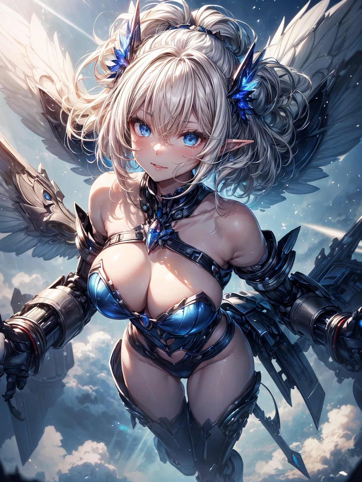 (masterpiece、highest quality, wonderful, very detailedティッカーユニティ、8k wallpaper, Depth of written boundary, Ultra-fine illustration:1.5)、。.。.3D, very detailed, (Full body Esbian、Mecha elf girl:1.3), sci-fi battlefield, Hawken, smile, open your mouth、short ponytail hair, (white blonde hair, deep blue eyes:1.2), sparkling eyes, cute顔, cute, big breasts, delicate hair, messy hair, (((Flying high in the sky))、blue sky, White cloud), shiny hair, shiny skin, (Symmetrical mechanical winetallic colored mechanical wings that are widely expanded to the left and right so that they protrude wonderfully from the screen, bite, white hair ornament), (particles of light, cinematic lighting: 1.3), (pale pink lips: 0.8), by Yusuke Murata.