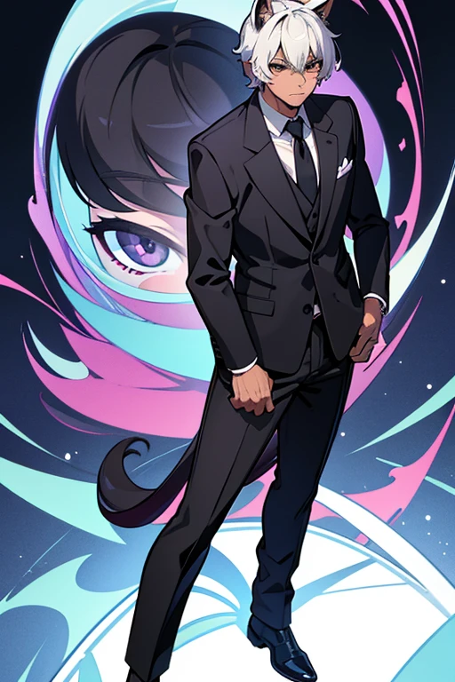 cartoon, man, boy, scarab beetle, kemonomimi, (highest picture quality), masterpiece, best quality, extremely detailed CG wallpaper, ultra_detailed, black eyes, 1man, solo, tall, short_uncommon_hairstyle, masterpiece, best quality, black and purple, suit, grey skin color,