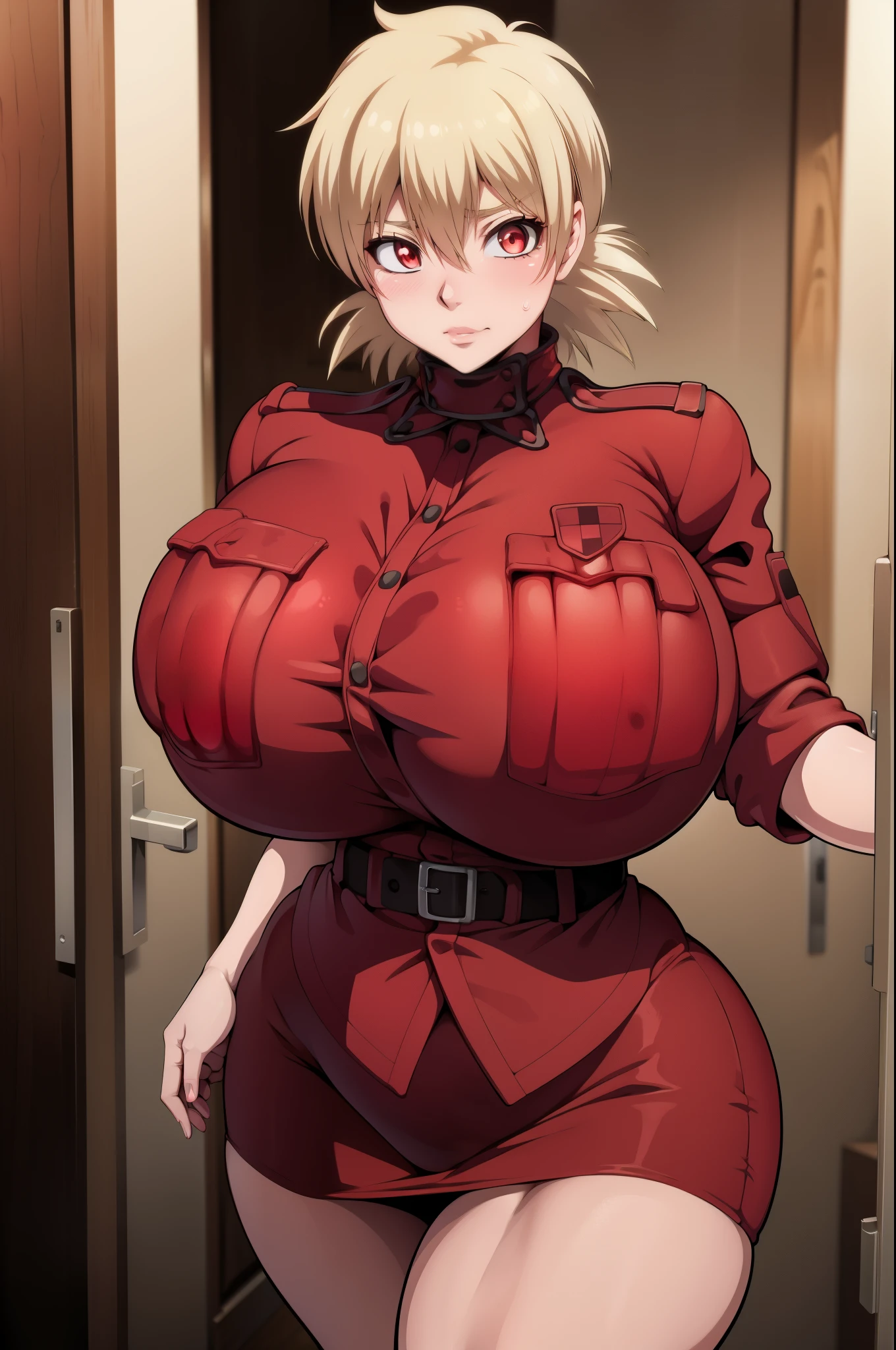 High resolution, Hellsing Ultimate art style, Seras Victoria, 1girl, ((bimbo))), short blond hair, red eyes, puffy lips, thick lips, wide hips, thick thighs, enormous fake breast, huge ass, round fake breasts, swollen breasts, romantic cute face, girlfriend, blushing, tight police uniform, red skirt, breasts squeezed together, breasts about burst out of top, close up, stiff nipples,