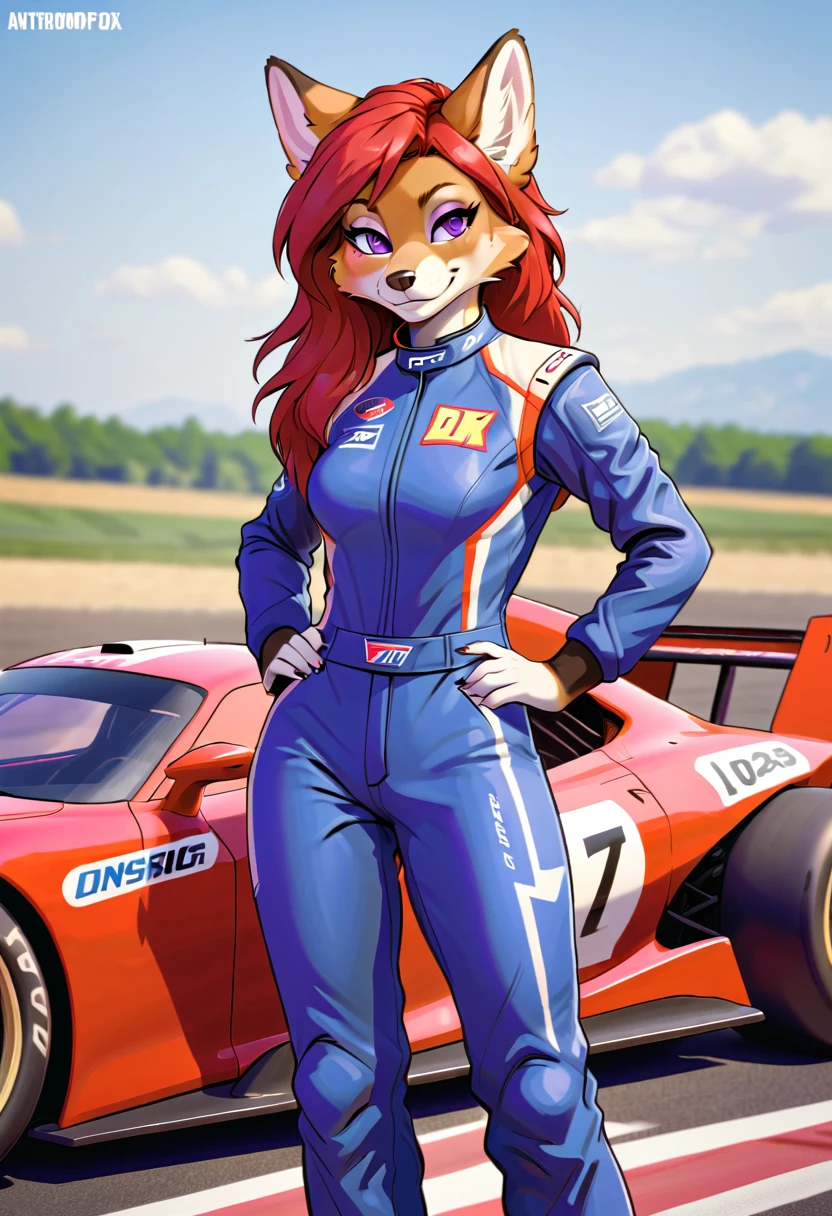 one Anthropomorphic fox, female, furry, she has red Rachel-style hair, her eyes are blue and well detailed, her body is well defined and detailed, She is wearing a purple racing driver's suit, she is standing next to a red racing car,2D clássic art style.