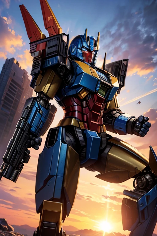 (best quality,4k,8k,highres,masterpiece:1.2), ultra-detailed, realistic:1.37, robot with gun close-up, Optimus Prime, masterpiece detail, Transformers, Transformers G1, transformation, high-definition masterpiece, finely detailed masterpiece, robot mode, masterpiece cannon, From Transformers, high-quality masterpiece rendering