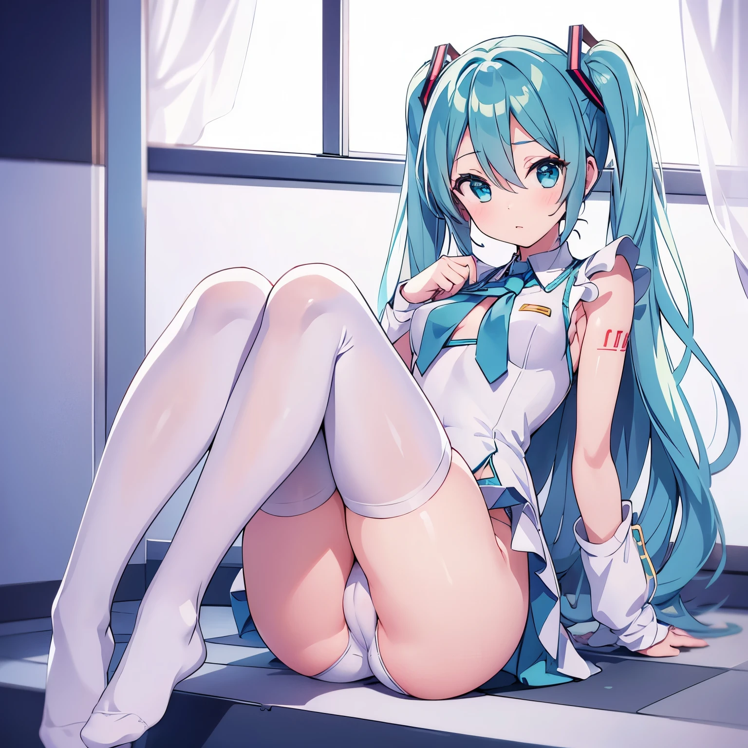 1girl,miku,Vocaloid,portrait,clearly,detailed,camel toe,white knee socks,in the bathroom