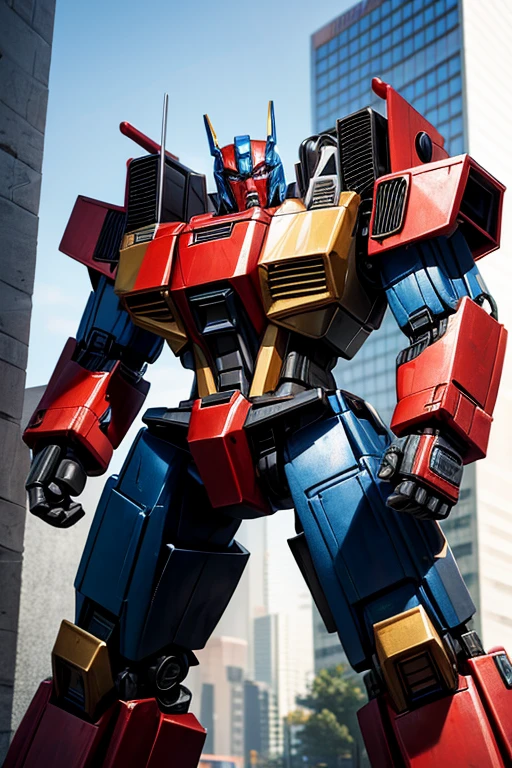 Close-up of gun-wielding robot toy character, Optimus Prime, Masterpiece details, wikipedia.Web photography, . Web photography, Transformers toys, Transformer G1, Transformers toys, conversion, HD masterpiece, A masterpiece with exquisite details, model, Goku fuses with Optimus Prime, masterpiece cannon, from transformer, High quality masterpiece drawing