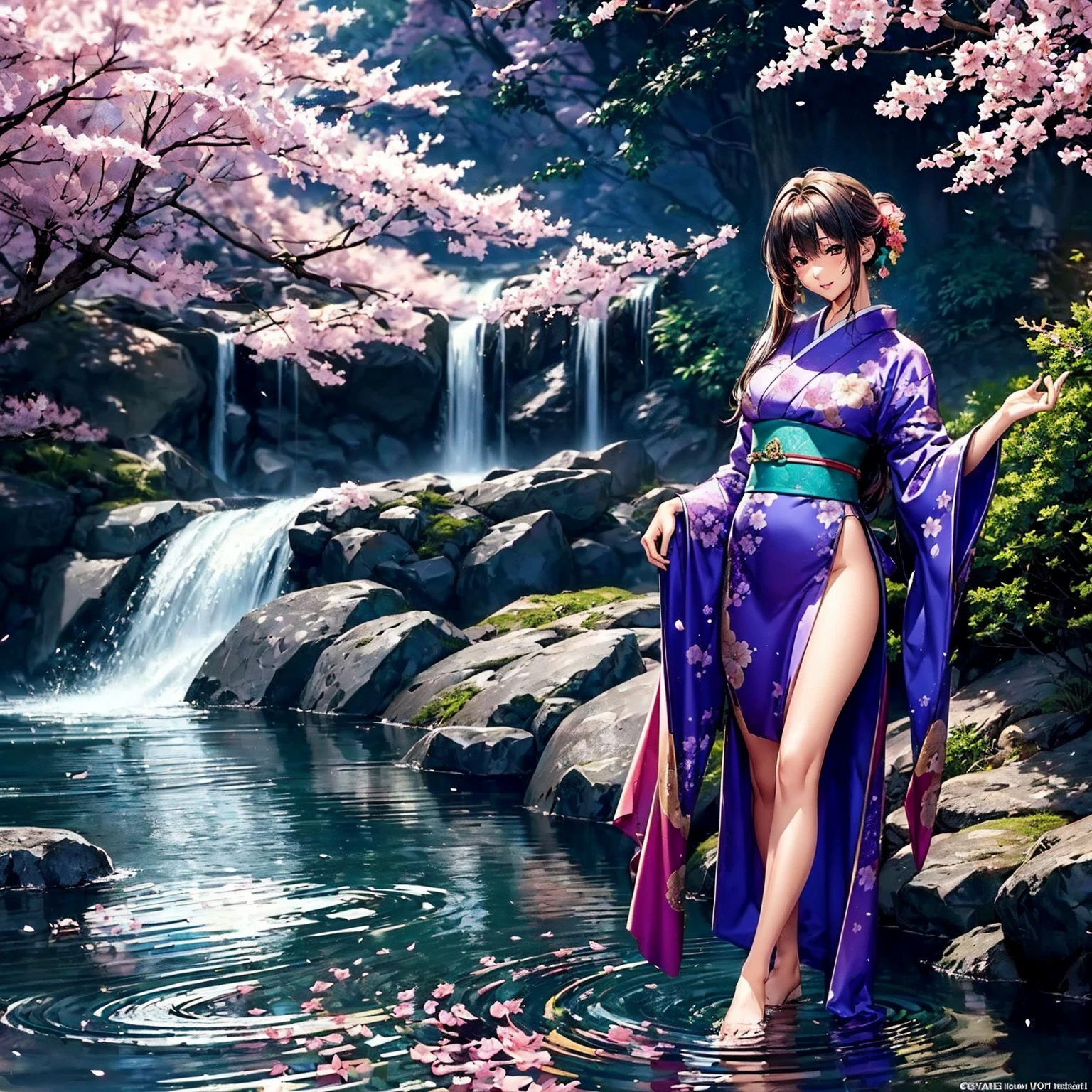 (((highest quality、masterpiece、very high resolution))),(There is a woman with perfect and ultimate beauty.,beautiful figure,beautiful face,beautiful skin,Well-formed eyes and nose),(smile,open your mouth,cheeks are red),(beautiful hair,best hair texture),(beautiful breasts:F cup,Best skin texture,),((Beautiful Japan kimono:floral and colorful)),(Fantastic waterside,There is a waterfall,Night cherry blossoms and lanterns,mysterious night sky、beautiful scenery,the wind is blowing)、(water play,beautiful pose,model shoot),realistic portrait,bijinga,(best shot,RAW photo),(highly detailed images、accurate image、Perfect Image 1.5)、beautiful anime woman, beautiful art style, anime character、Overall image、accurate anatomy、Image without defects、natural soft light、beautiful images、(best shot,RAW photo)