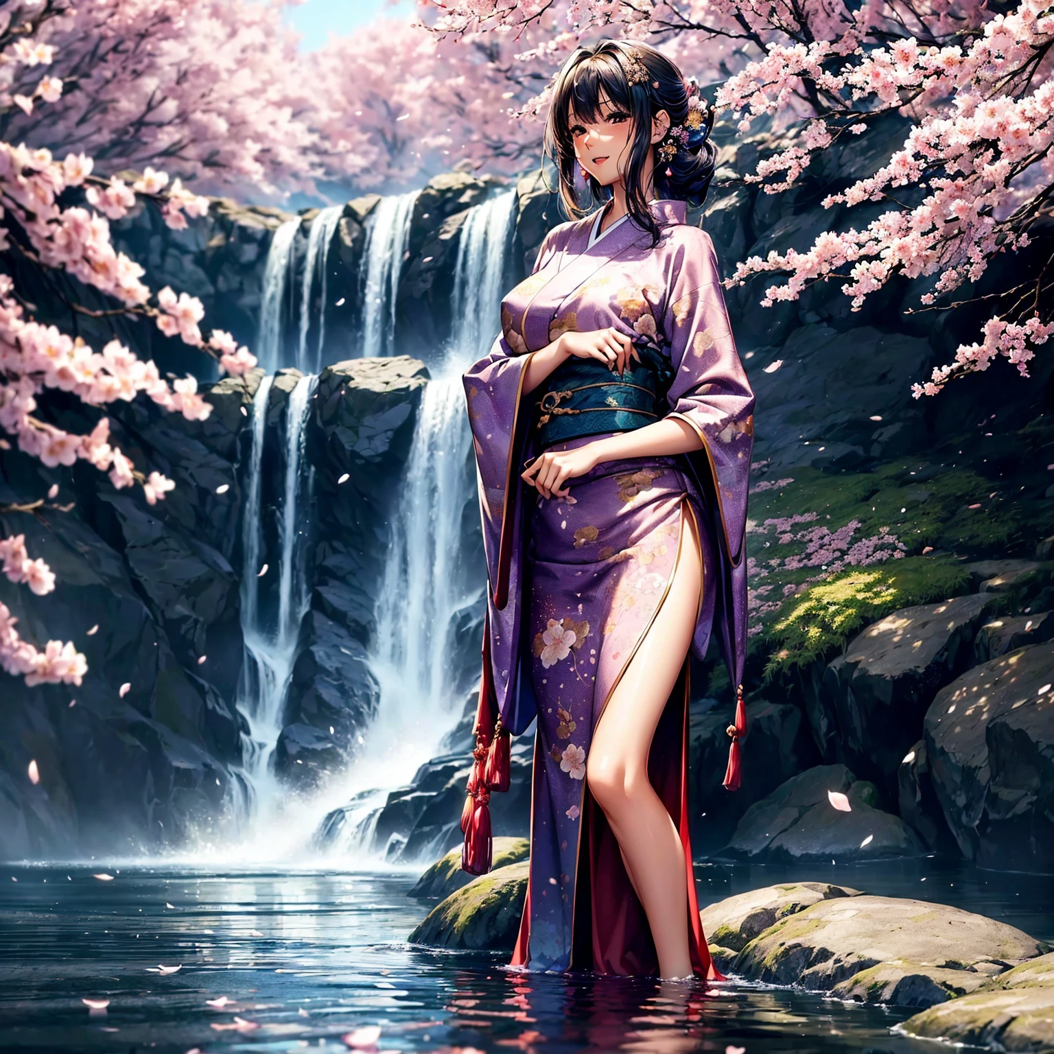 (((highest quality、masterpiece、very high resolution))),(There is a woman with perfect and ultimate beauty.,beautiful figure,beautiful face,beautiful skin,Well-formed eyes and nose),(smile,open your mouth,cheeks are red),(beautiful hair,best hair texture),(beautiful breasts:F cup,Best skin texture,),((Beautiful Japan kimono:floral and colorful)),(Fantastic waterside,There is a waterfall,Night cherry blossoms and lanterns,mysterious night sky、beautiful scenery,the wind is blowing)、(water play,beautiful pose,model shoot),realistic portrait,bijinga,(best shot,RAW photo),(highly detailed images、accurate image、Perfect Image 1.5)、beautiful anime woman, beautiful art style, anime character、Overall image、accurate anatomy、Image without defects、natural soft light、beautiful images、(best shot,RAW photo)