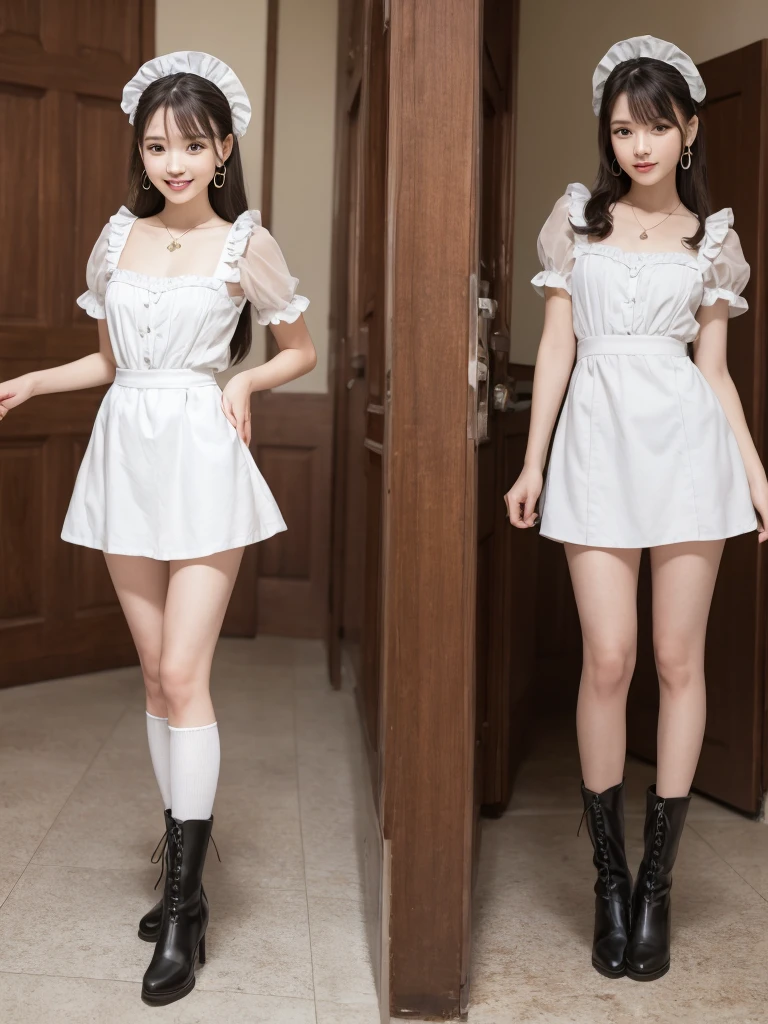 Masterpiece, super high resolution, super high definition, brown hair, super detailed, medium length, double eyelids, tear bags, sexy lips, earrings, great style, necklace, maid outfit, long skirt, frilled skirt, knee-high socks, boots, standing pose, Sexy pose, whole body, photo composition that shows the whole body, indoors, dim lighting, 18 years old, fingers clearly drawn, nice body, smile