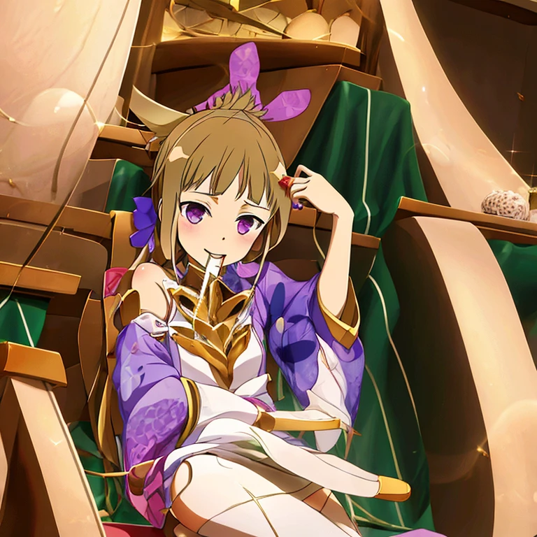 nsfw，masterpiece,(highest quality),wonderful.beautiful detailed clothing,In detail exposing the chest,Highly detailed CG Unity 8K wallpaper,(shape:1.2),very delicate and beautiful,official art, 1 girl,foot_Wakaba,purple eyes,brown hair,long hair,bangs,ponytail,bow,hair ornaments,having sex， bubbling in the mouth，Licking a penis