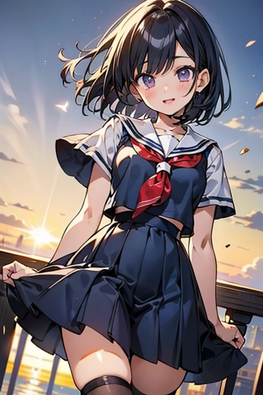(Highly detailed CG unity 8k), （highest quality），（very detailed），（ultra high resolution）, black hair, High school girl in sailor suit, （navy blue sailor suit）, Anime 2D rendering, realistic young anime high school girl, Smooth anime 2D CG art, （headband）, smile, purple eyes, small breasts, tall, Straight hair, short bob cut, slanted eyes, （school scenery）, black stockings, bright color, High-definition, open your mouth a little, Clear outline, shame,