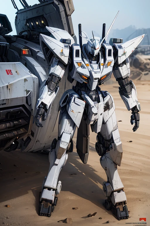(close up),(with gun), (ferrite white armor) (animatronic exoskeleton), (Armored core style mech), (White mechanical set), (Wasteland Mecha), (mechasuit), (Full body mecha ensemble), (Inner core), (Mecha armor), (Sega Mecha), #Inside the mecha