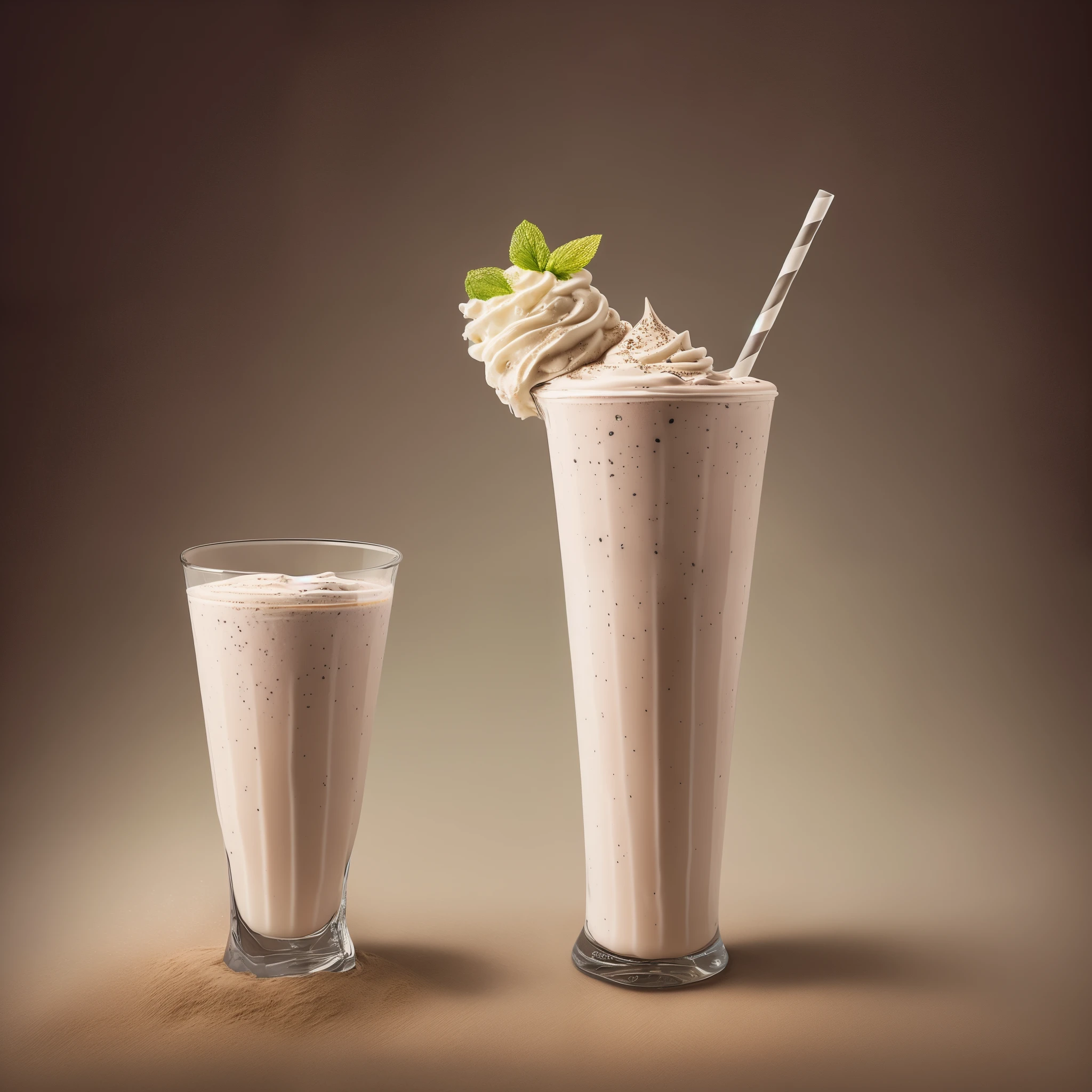 Product photography of a glass of milkshake, bathed in beautiful lighting, creating a vintage aesthetic reminiscent of the Earthcore era. The milkshake, with its rich and creamy texture, is presented in an ultra-detailed manner, capturing every swirl and drip. The glass, adorned with condensation, adds to the atmospheric appearance of the image. The vintage aesthetic is further emphasized by the subtle warmth of the lighting and the earthy tones of the background. The milkshake's color palette is expertly balanced and professionally color graded, offering a photorealistic representation of the delicious beverage. The overall effect is a highly detailed and intricately crafted