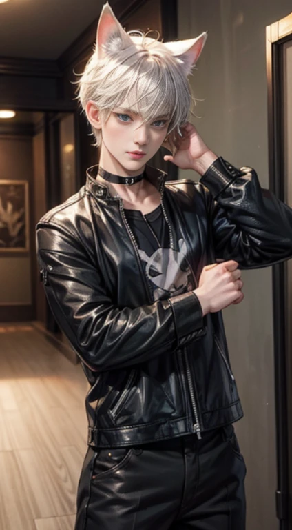 masutepiece, Best Quality, 1 man thai peaplo , handsome, Short hair, Silver hair, sharpteeth, tusk,Choker,Blue eyes,Black leather shirt, blush, western building, charicature, Looking at Viewer, Dog ears are attached on the head