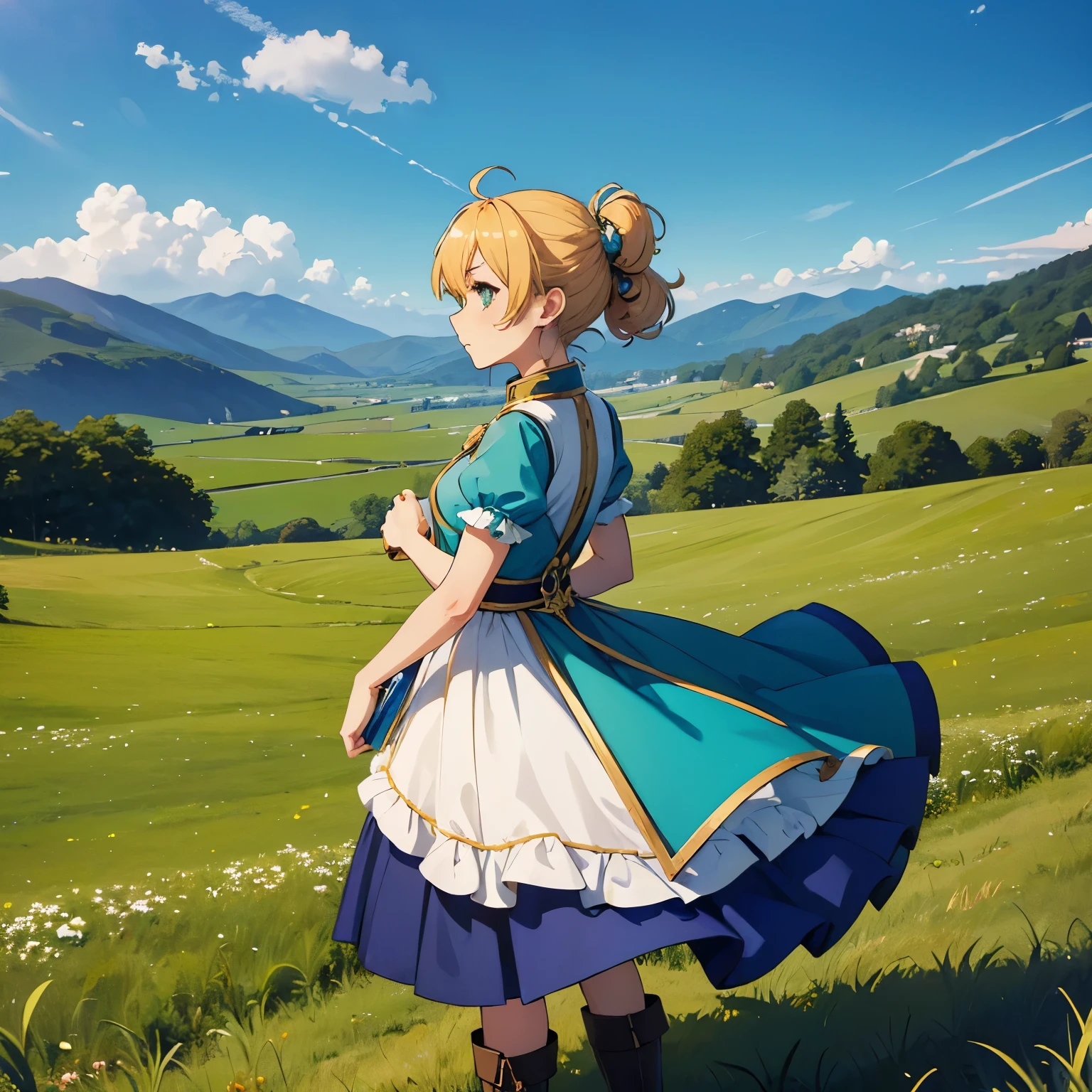 (Single character: 1.5), (Chibi character: 1.4), (Cute: 1.3), (Golden-haired character: 1.3), (Green-eyed: 1.2), (Updo hairstyle: 1.1), (Blue-themed attire: 1.3), (Profile pose: 1.3), (Standing girl: 1.1), (Boots: 0.9), (Grassland: 1.3), (Clear sky: 1.0), (Back)