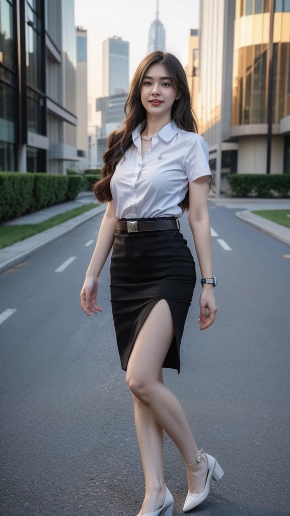 highest resolution, 8K, high definition, (((My hair is very long., Extra long, Knee-length hair))), Thai Students, Half Thai, half Japanese, half Korean., Height 173 centimeters, (((stand, walk))), Beautiful face, แต่งBeautiful face, Double eyelids, red lips, smile at the corner of the mouth, beautiful eyes, Beautiful Woman, The texture is realistic., Slim white short-sleeved shirt, collar shirt, Matte black short pencil skirt, Very short, Side incision, กระโปรงสีดำด้านพร้อมbeltผู้หญิง, tight, Huge breasts, Breast augmentation, เต้าBig tits, Big tits, Plump milk, Fluffy milk, Huge breasts, Symmetrical shape, sexy figure, Thin, slim, small waist, Long legs, Beautiful thighs, Pitch black high heels, earring, Put on a watch, belt, (((full body, Look at every part of the body.))), university backdrop, building, building, lawn, outdoor sports field