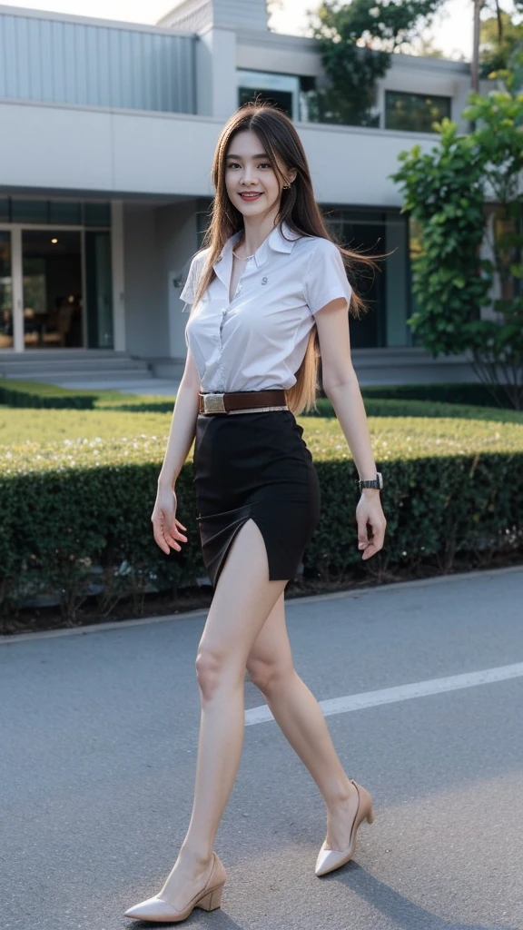 highest resolution, 8K, high definition, (((My hair is very long., Extra long, Knee-length hair))), Thai Students, Half Thai, half Japanese, half Korean., Height 173 centimeters, (((stand, walk))), Beautiful face, แต่งBeautiful face, Double eyelids, red lips, smile at the corner of the mouth, beautiful eyes, Beautiful Woman, The texture is realistic., Slim white short-sleeved shirt, collar shirt, Matte black short pencil skirt, Very short, Side incision, กระโปรงสีดำด้านพร้อมbeltผู้หญิง, tight, Huge breasts, Breast augmentation, เต้าBig tits, Big tits, Plump milk, Fluffy milk, Huge breasts, Symmetrical shape, sexy figure, Thin, slim, small waist, Long legs, Beautiful thighs, Pitch black high heels, earring, Put on a watch, belt, (((full body, Look at every part of the body.))), university backdrop, building, building, lawn, outdoor sports field