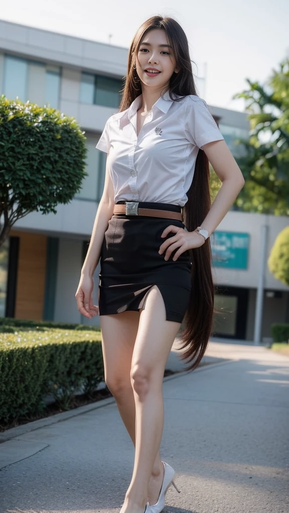 highest resolution, 8K, high definition, (((My hair is very long., Extra long, Knee-length hair))), Thai Students, Half Thai, half Japanese, half Korean., Height 173 centimeters, (((stand, walk))), Beautiful face, แต่งBeautiful face, Double eyelids, red lips, smile at the corner of the mouth, beautiful eyes, Beautiful Woman, The texture is realistic., Slim white short-sleeved shirt, collar shirt, Matte black short pencil skirt, Very short, Side incision, กระโปรงสีดำด้านพร้อมbeltผู้หญิง, tight, Huge breasts, Breast augmentation, เต้าBig tits, Big tits, Plump milk, Fluffy milk, Huge breasts, Symmetrical shape, sexy figure, Thin, slim, small waist, Long legs, Beautiful thighs, Pitch black high heels, earring, Put on a watch, belt, (((full body, Look at every part of the body.))), university backdrop, building, building, lawn, outdoor sports field
