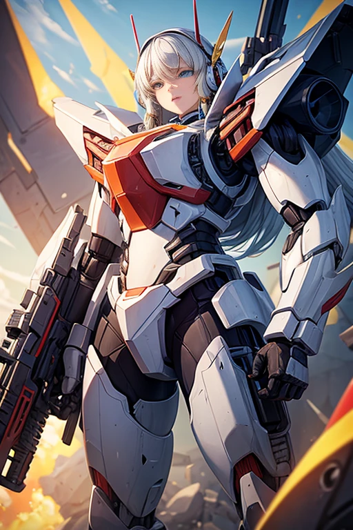 close-up,There is a gun on a white background, 费拉白色Mecha, 动作人物Mecha, 装甲核心风格Mecha, 白色Mecha, 荒坂Mecha, Mecha suit, 全身Mecha套装, Mecha, Mecha armor, 女Mecha, 科乐美Mecha, # Mecha