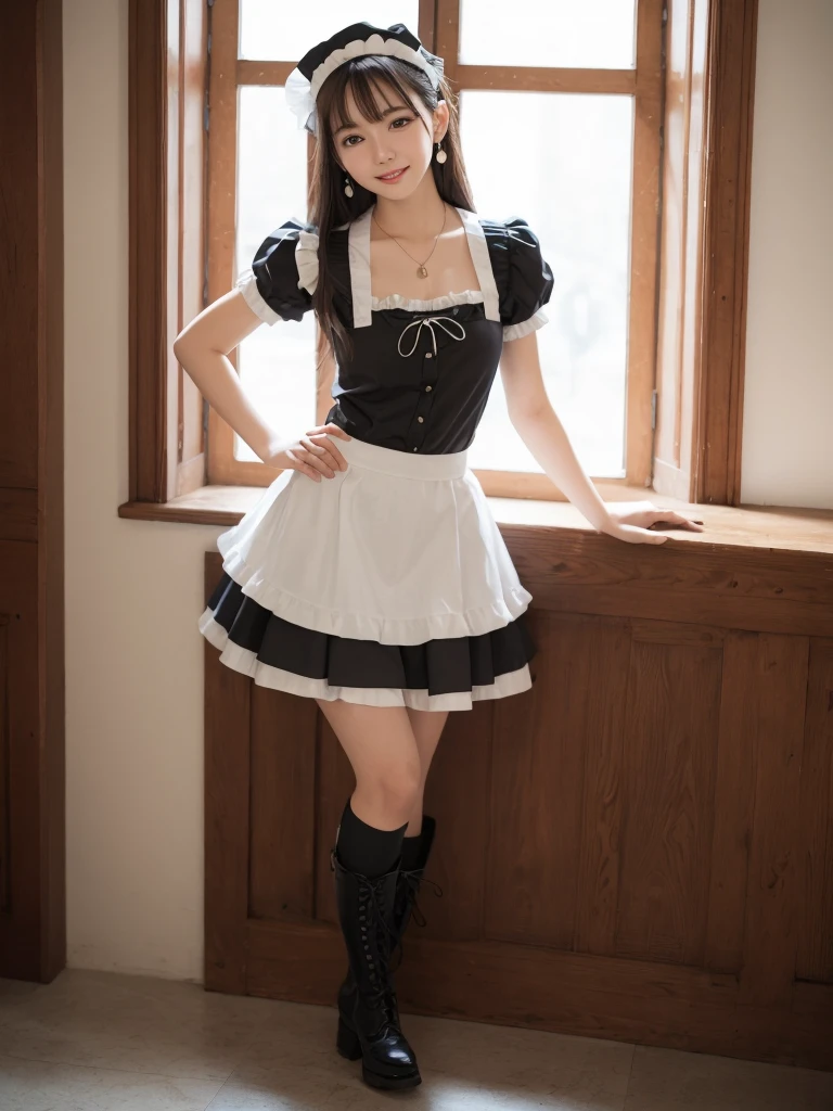 Masterpiece, super high resolution, super high definition, brown hair, super detailed, medium length, double eyelids, tear bags, sexy lips, earrings, great style, necklace, maid outfit, long skirt, frilled skirt, knee-high socks, boots, standing pose, Sexy pose, whole body, photo composition that shows the whole body, indoors, dim lighting, 23 years old, fingers clearly drawn, nice body, smile