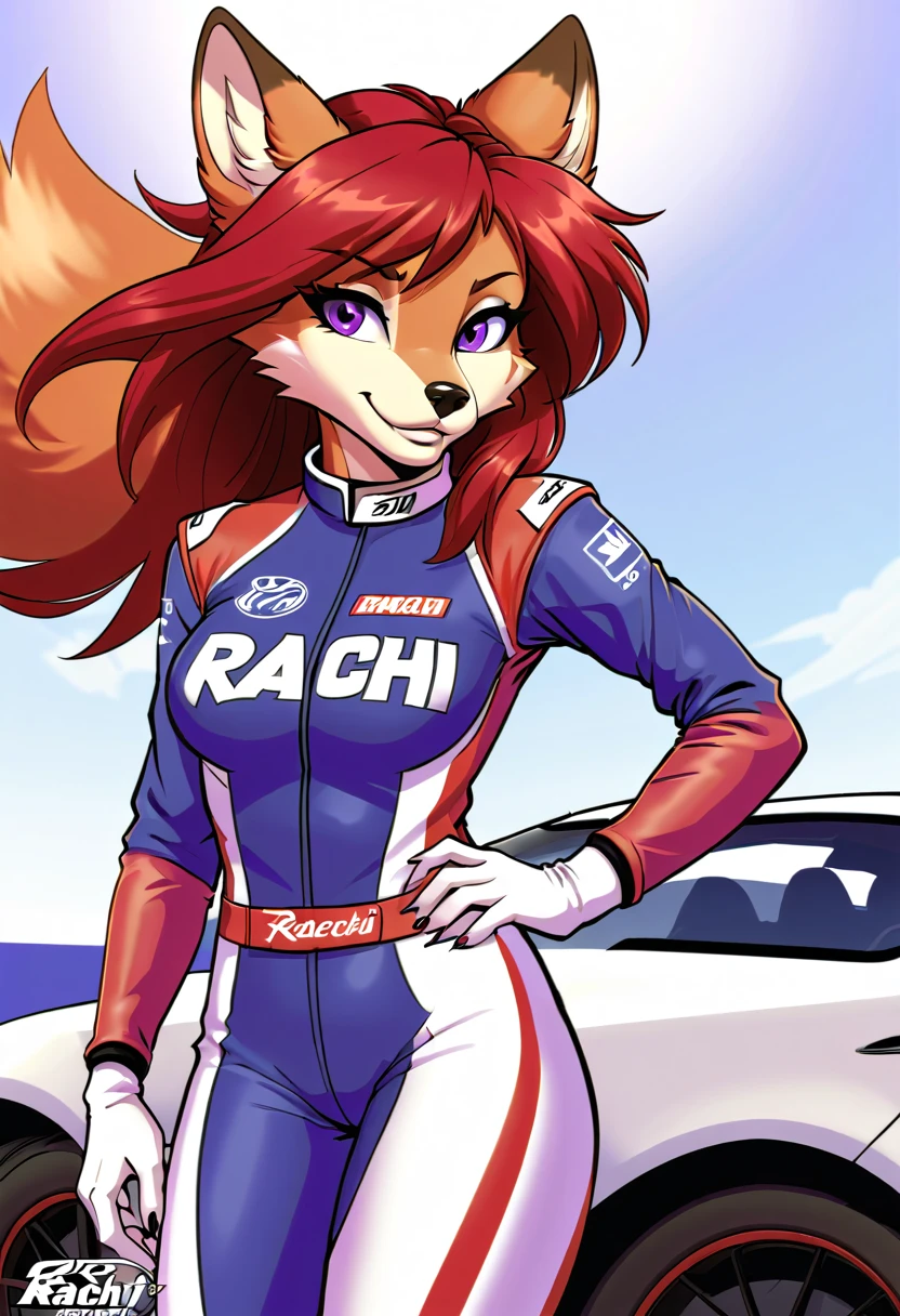 an anthropomorphic, female, hairy vixen, she has Rachel-style red hair, her eyes are blue and well detailed, her body is well defined and detailed, she is wearing a purple racing driver suit with the word Genix written on the suit, she is standing at the side of a red racing car, she is looking at the viewer, 2d art style.