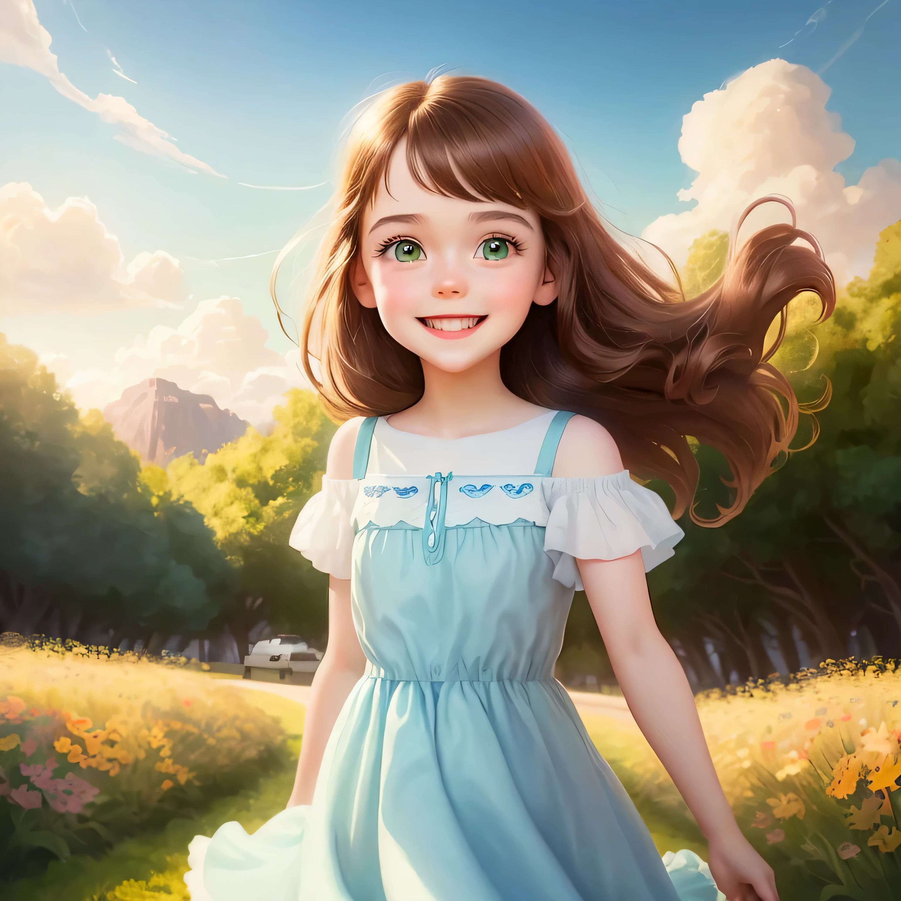 Create a movie poster inspired by Disney and Pixar. The main focus is、has brown hair and big green eyes、have a bright smile、A sweet 8 girl dressed in very girly clothes。. The scene should be far away Pixar's digital art style. Include the movie on the poster printed on the front. titles「Quinn」