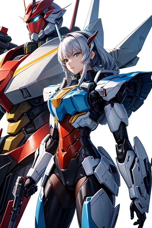 close-up,There is a gun on a white background, 费拉白色Mecha, 动作人物Mecha, 装甲核心风格Mecha, 白色Mecha, 荒坂Mecha, Mecha suit, 全身Mecha套装, Mecha, Mecha armor, 女Mecha, 科乐美Mecha, # Mecha