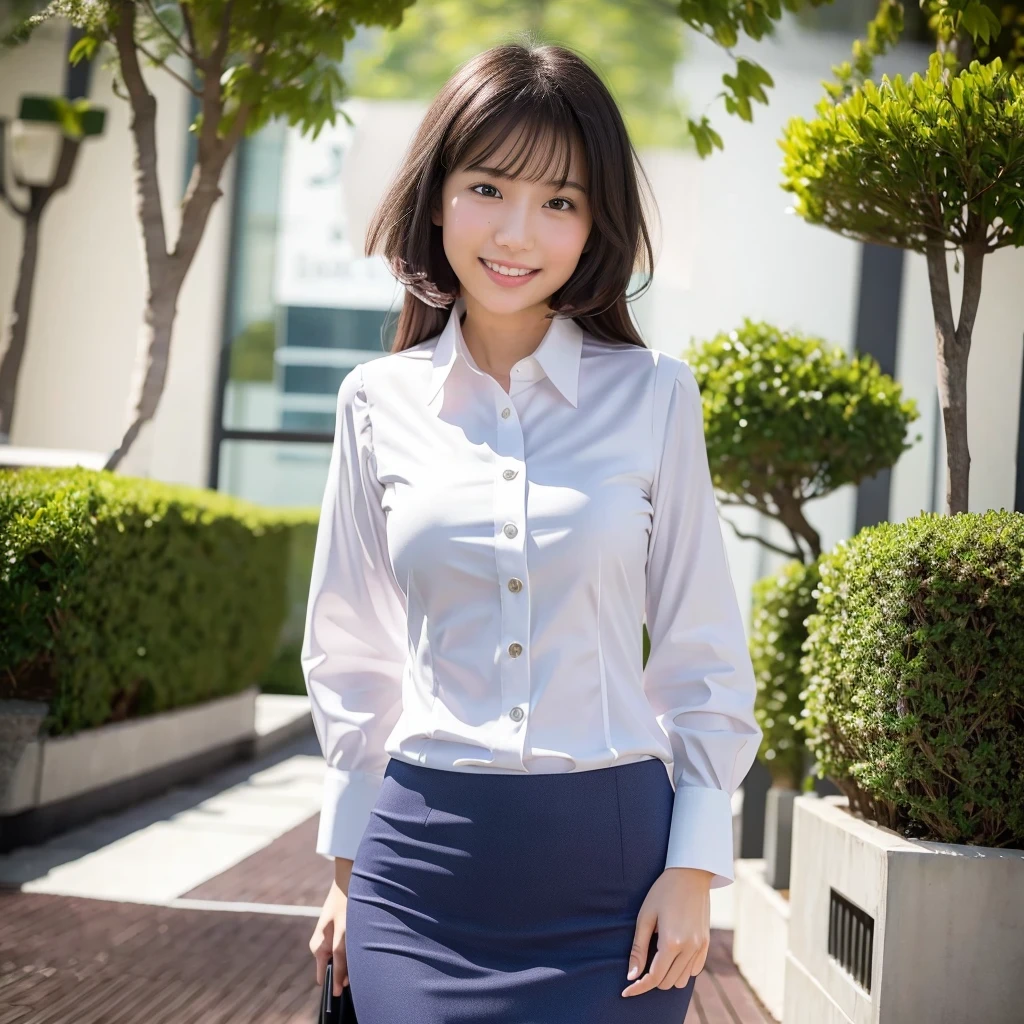standing position、office lady suit(white collared blouse shirt)、dark blue tight skirt、News Reporter