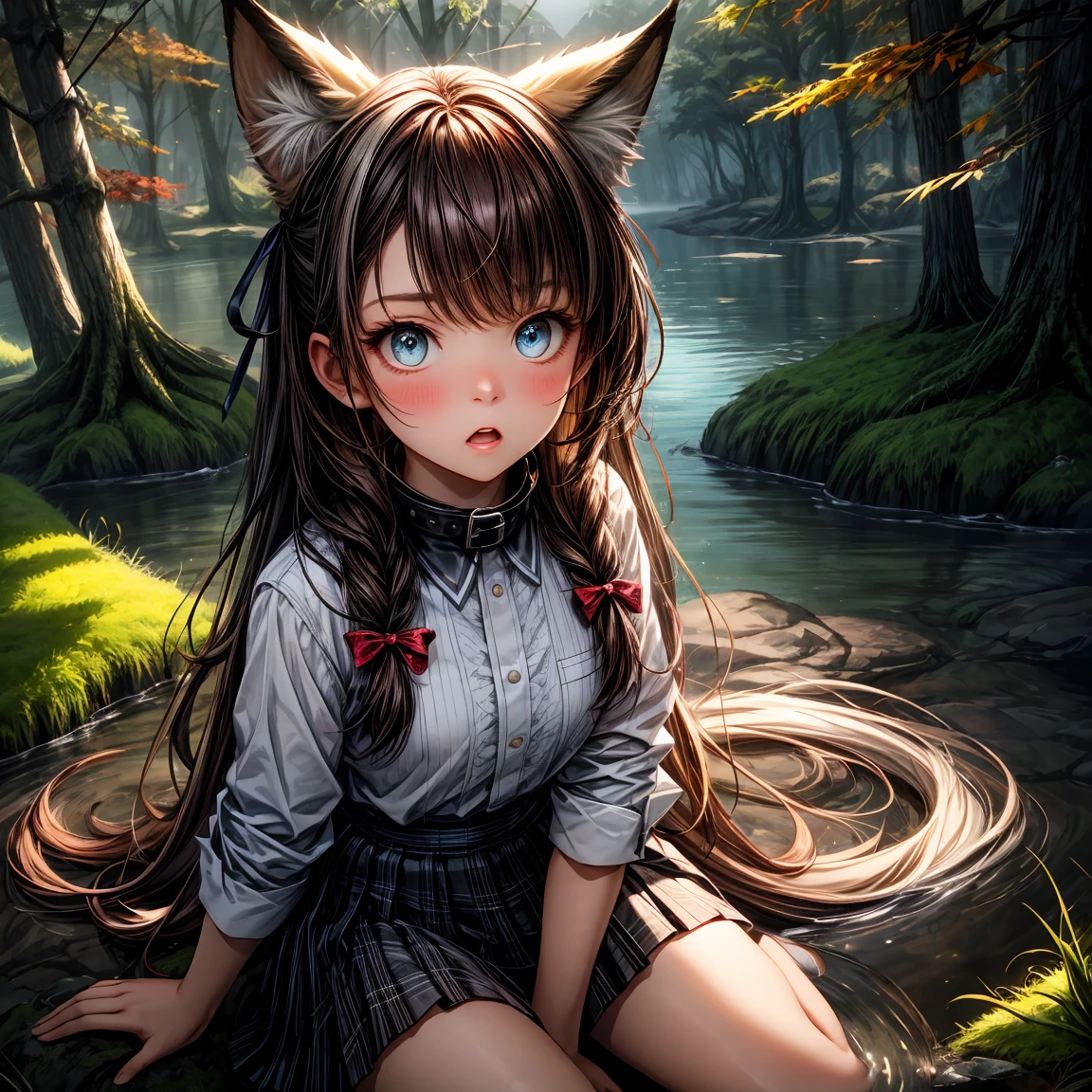 abest quality, detailed face, detailed skin, detailed clothes, master piece, beautiful eyes, 1girl, fox ear, fox tail, 5yo, loli, female child, laying, surprised, blush, ringed eyes, hair ribbon, very long hair, moss, in forest, darkness, moody, volumetric lighting, perspective, moon light, autumn, water, oily skin, looking up, loose wearing, nipple, dress shirt, plaid pleated skirt, disturbed clothes, wide collar