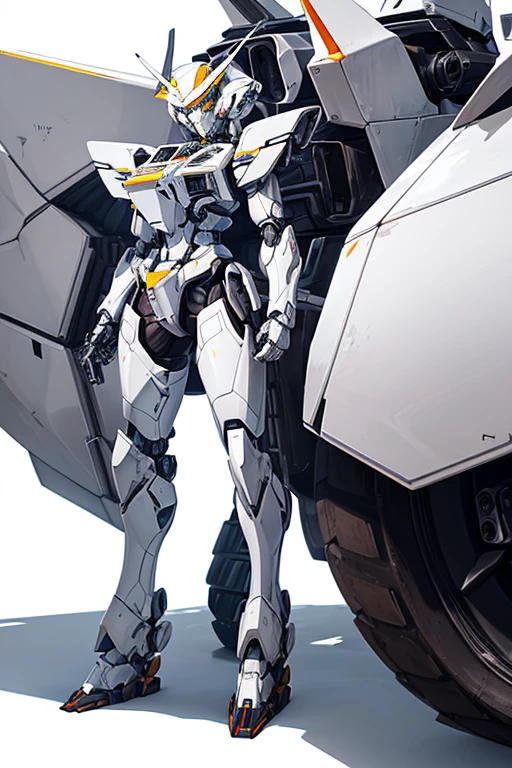 (Close-up of robot) (on white background) (with gun), (ferrite white armor) (animatronic exoskeleton), (Armored core mecha), (White mechanical suit), (barren slopes i), (mechasuit), (Full body mecha ensemble), (Mecha interior), (mecha armor), (Female mecha), (Sega Mecha), #medicineside