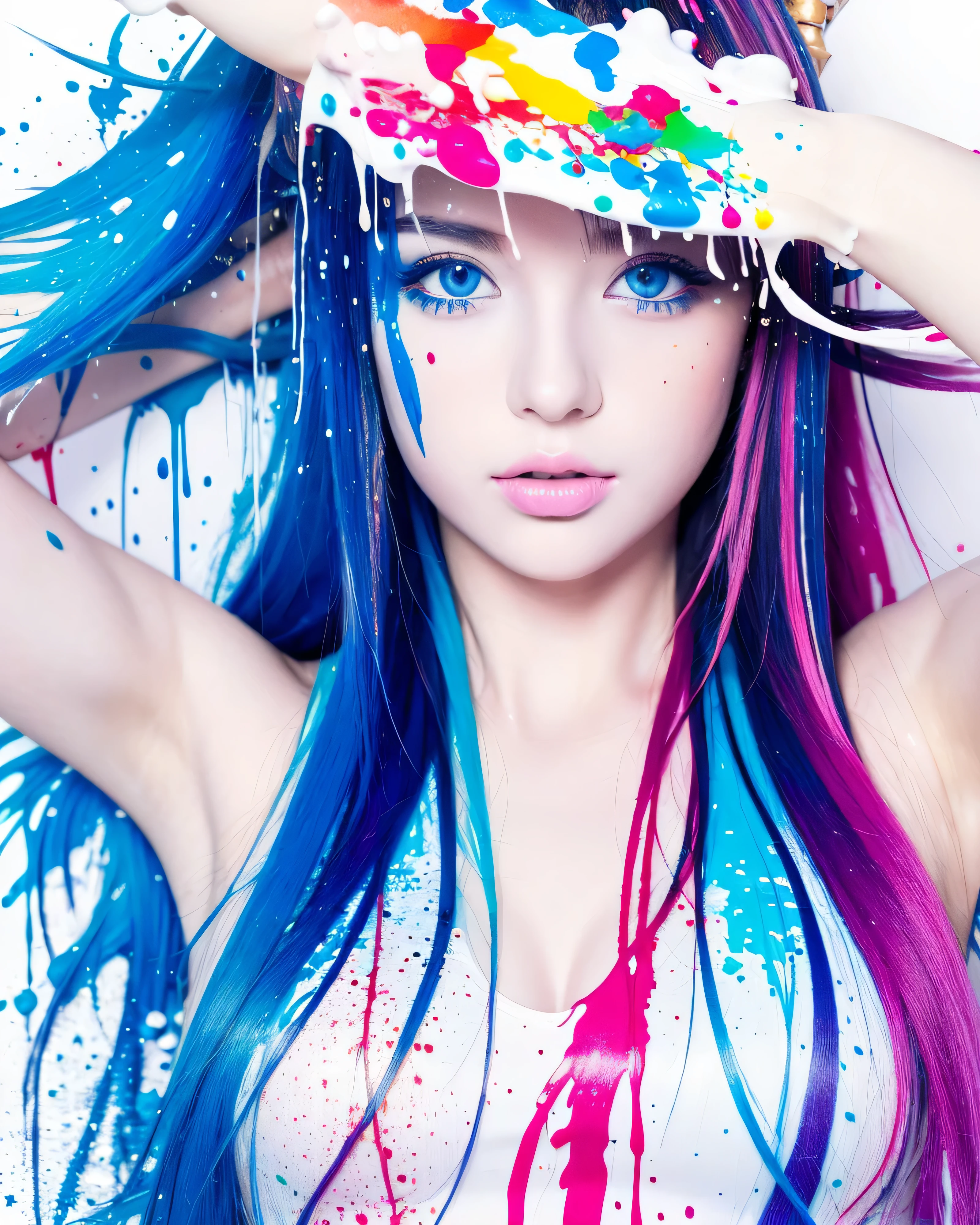 masterpiece, highest quality, High resolution), white background, ((paint splashes, color splash, Ink splashes, color splash)), Sweet Japan girl, beautiful, magical blue eyes,rainbow hair, pink lips, smooth and soft skin,front, Upper body
