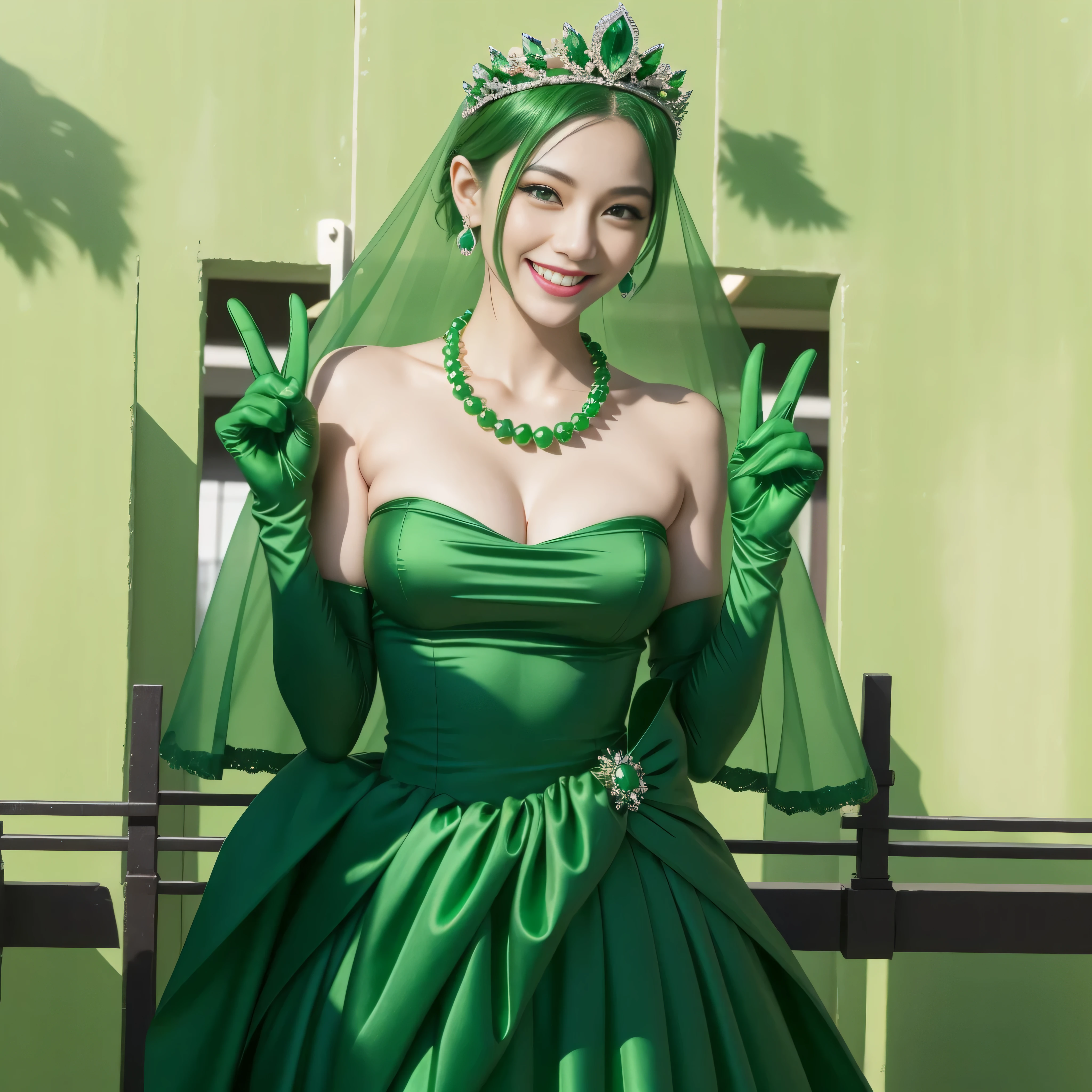 emerald tiara, green pearl necklace, ボーイッシュな非常に短いgreen hair, lipstick, smiling Japanese woman, very short hair, big breasts beautiful, green eyes, Long Green Satin Gloves, green eyes, V sign, emerald earrings, green veil, green hair