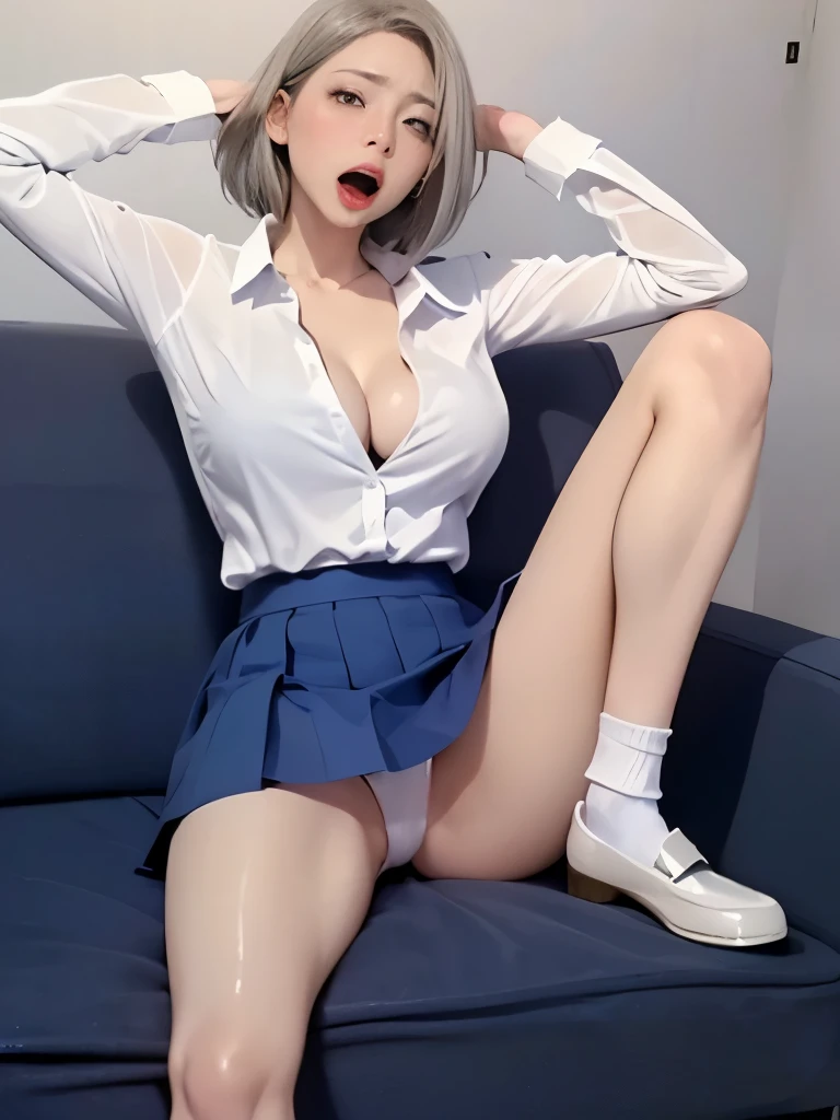 (highest quality, 8K, High resolution, realistic:2.0), (alone, one girl:2.0),(lit: strong),(lit: front),(shiny skin:1.5),(short hair:1.5),(silver ash hair color:1.5),(Open your bent legs to the limit:1.5),(raise both arms behind your head:1.5),(black loafers:1.5),(white collar shirt),(long sleeve shirt:1.3),(tight shirt:1.6),((Shirt Unbuttoning)),(short socks),(white socks),((blue pleated skirt)),((blue skirt)),((Wearing cute white panties)),(orgasm),((Girl leaning on an old leather sofa)), very beautiful girl, blush brown makeup , dark eye makeup , Screaming Girl,(emphasize cleavage)