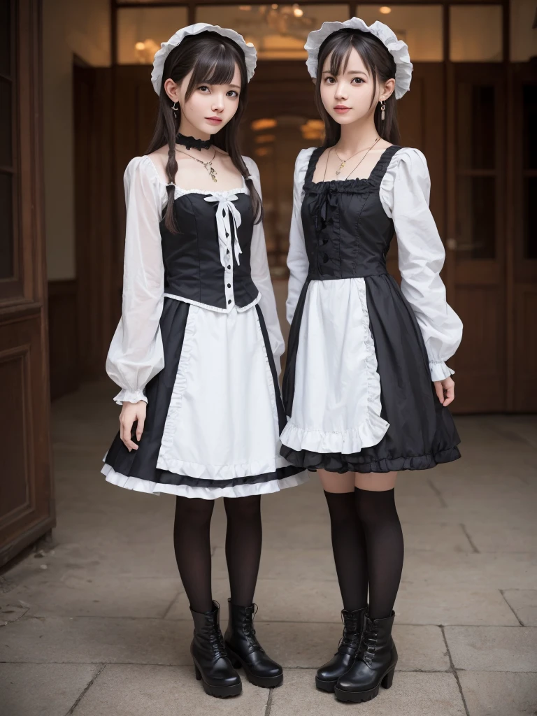 beste-Qualit、​masterpiece、Super-High Resolution、(a photorealistic:1.4)、Raw photo、女の子1人、British Made、Maid headband with frills、poneyTail、Braiding hair、frilled blouse、Ribbon Ties、pinafore、long  skirt、puff sleeves、White silk ankle socks with frills、shining skin、Standing with a bag in front of the garden arch
