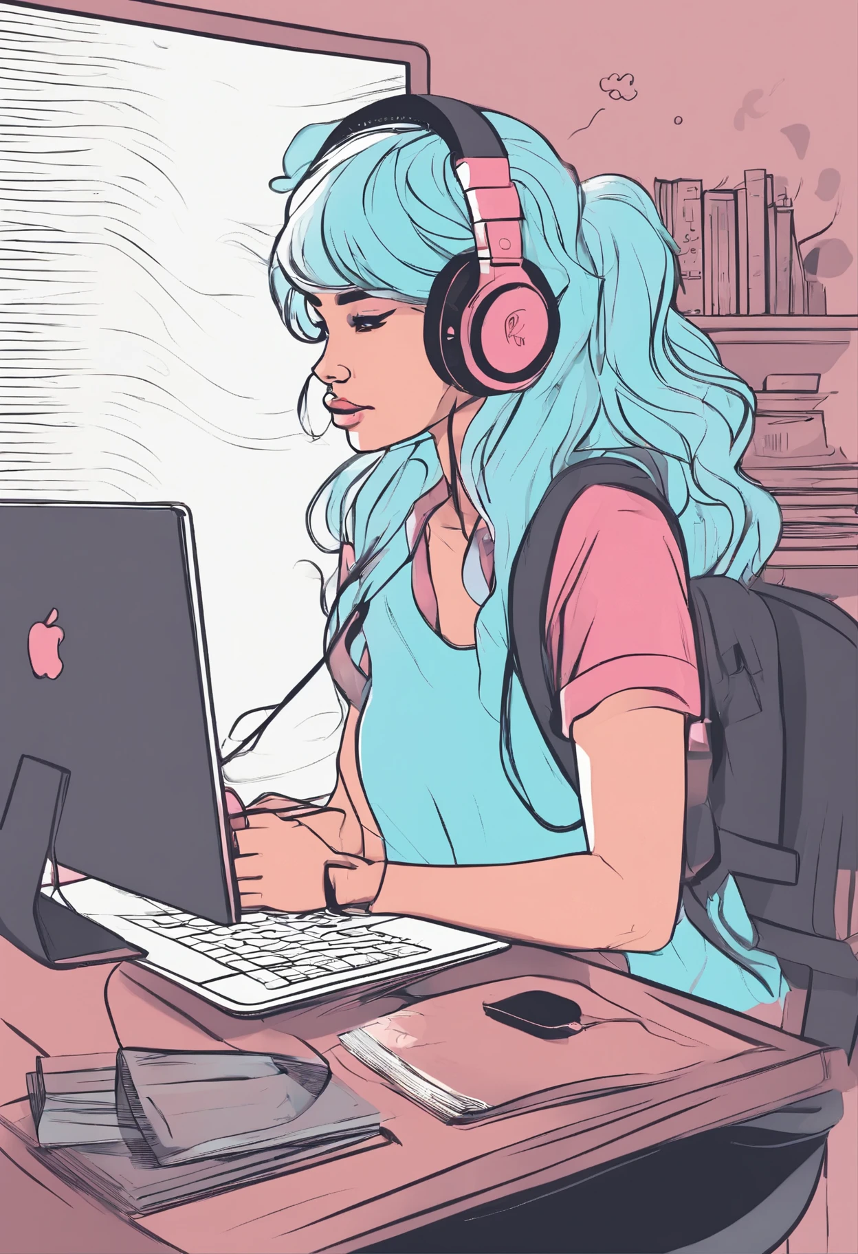 Anime girl with light blue hair and headphones sitting at a desk, light yellow strikes on her hair, long hair, amber eyes, pink headphones on the head, digital anime illustration, busy night, 80s anime vibe, 2D art, dynamic angle, desk light, pink t-shirt, tanned skin, night skies, books, pencils, laptop, notebook on the desk.