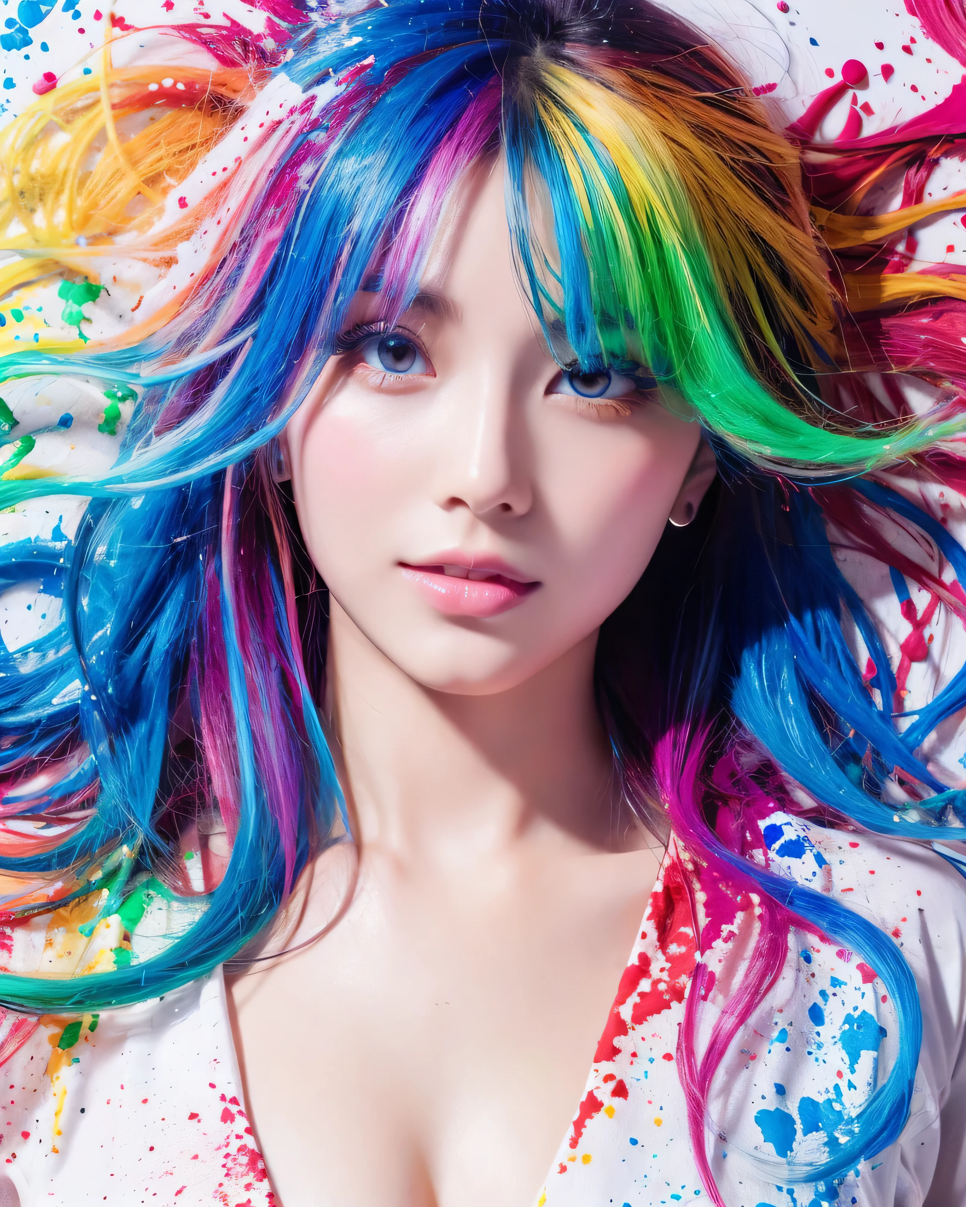 masterpiece, highest quality, High resolution), white background, ((paint splashes, color splash, Ink splashes, color splash)), beautiful日本の女の子, beautiful, magical blue eyes,rainbow hair, pink lips, smooth and soft skin,front, Upper body