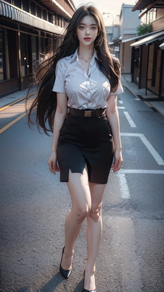 highest resolution, 8K, high definition, (((My hair is very long., Extra long, Knee-length hair))), Thai Students, Half Thai, half Japanese, half Korean., Height 173 centimeters, (((stand, walk))), Beautiful face, แต่งBeautiful face, Double eyelids, red lips, smile at the corner of the mouth, beautiful eyes, Beautiful Woman, The texture is realistic., Slim white short-sleeved shirt, collar shirt, Matte black short pencil skirt, Very short, Side incision, กระโปรงสีดำด้านพร้อมbeltผู้หญิง, tight, Huge breasts, Breast augmentation, เต้าBig tits, Big tits, Plump milk, Fluffy milk, Huge breasts, Symmetrical shape, sexy figure, Thin, slim, small waist, Long legs, Beautiful thighs, Pitch black high heels, earring, Put on a watch, belt, (((full body, Look at every part of the body.))), university backdrop, building, building, lawn, outdoor sports field