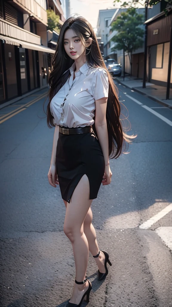 highest resolution, 8K, high definition, (((My hair is very long., Extra long, Knee-length hair))), Thai Students, Half Thai, half Japanese, half Korean., Height 173 centimeters, (((stand, walk))), Beautiful face, แต่งBeautiful face, Double eyelids, red lips, smile at the corner of the mouth, beautiful eyes, Beautiful Woman, The texture is realistic., Slim white short-sleeved shirt, collar shirt, Matte black short pencil skirt, Very short, Side incision, กระโปรงสีดำด้านพร้อมbeltผู้หญิง, tight, Huge breasts, Breast augmentation, เต้าBig tits, Big tits, Plump milk, Fluffy milk, Huge breasts, Symmetrical shape, sexy figure, Thin, slim, small waist, Long legs, Beautiful thighs, Pitch black high heels, earring, Put on a watch, belt, (((full body, Look at every part of the body.))), university backdrop, building, building, lawn, outdoor sports field