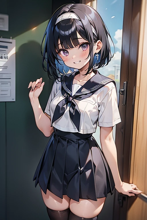(Highly detailed CG unity 8k), （highest quality），（very detailed），（ultra high resolution）, black hair, High school girl in sailor suit, （navy blue sailor suit）, Anime 2D rendering, realistic young anime high school girl, Smooth anime 2D CG art, （headband）, smile, purple eyes, small breasts, tall, Straight hair, short bob cut, slanted eyes, （school scenery）, black stockings, bright color, High-definition, open your mouth a little, Clear outline, shame,