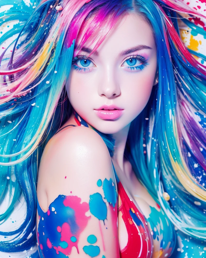 masterpiece, highest quality, High resolution), in the beautiful sea, ((paint splashes, color splash, Ink splashes, color splash)), beautiful japanese girl, Beautiful, magical blue eyes,rainbow hair, pink lips, smooth and soft skin,front, Upper body