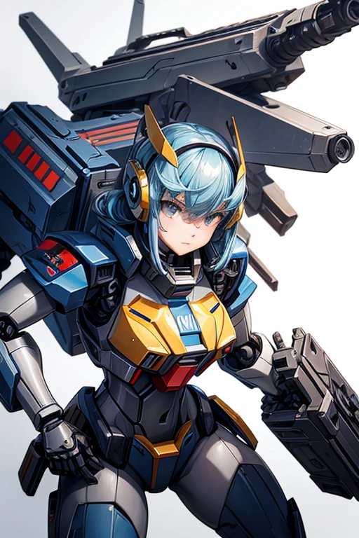 a robot holding a gun on a white background, mechanized police infantry, action character mecha, anime busty girl, military robot, gofer mobile suit, mech warrior, mechanical, combat mecha, Konami mecha