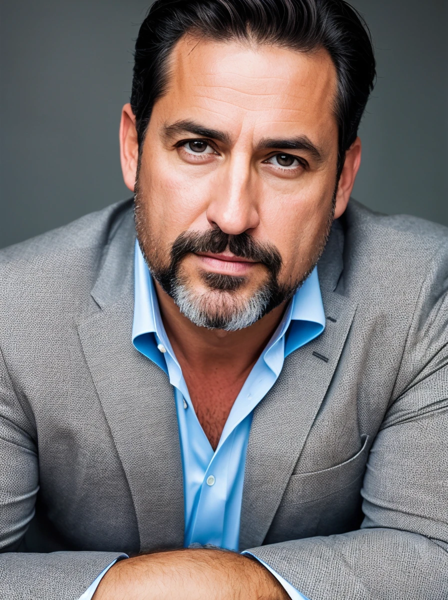 una foto de retrato (Piel muy detallada:1.2), 8k UHD, digital slr camera, Soft lighting, alta calidad, hiperrealista, attractive man 46 years old, traje gris elegante, short brown hair, ojos grises, sad expression, square chin, rasgos faciales marcados, lounge