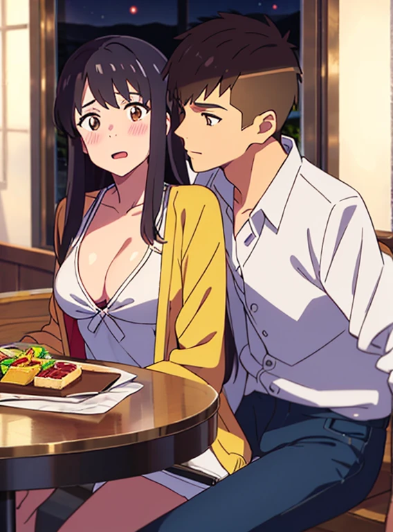 shinkai makoto, kimi no na wa., 1boy, buzzcut, office attire, boy's arms placed over girl's shoulder, drunk, boy sit beside girl, boy caressing girl's body, 1girl, bangs, black hair, brown eyes, open mouth, blush, twisted half up, red ribbon, long hair, long sleeve light yellow cardigan, open shirt, white shirt, cleavage, breast, medium breast, blue pants, drinking party,nomikai, table, food drinks, beer, indoors, night, masterpiece, perfect anatomy, cowboyshot,