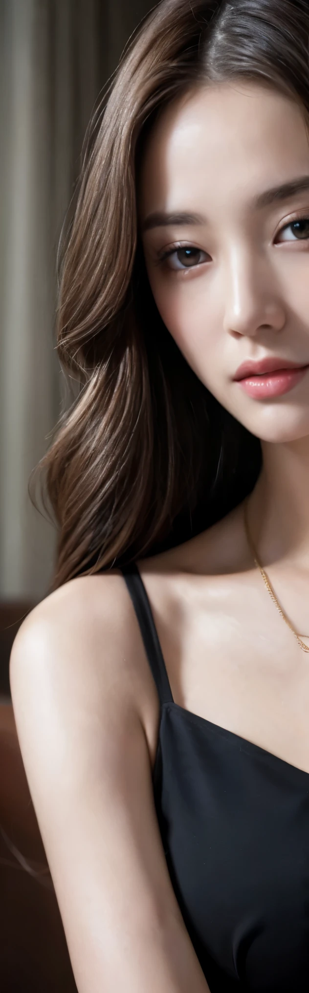 (Best quality, High resolution, Masterpiece :1.3), A tall and pretty woman, Slender abs, Dark brown hair styled in loose waves, Breasts, Wearing pendant, nude, (Modern architecture in room), Details exquisitely rendered in the face and skin texture, Detailed eyes, Double eyelid