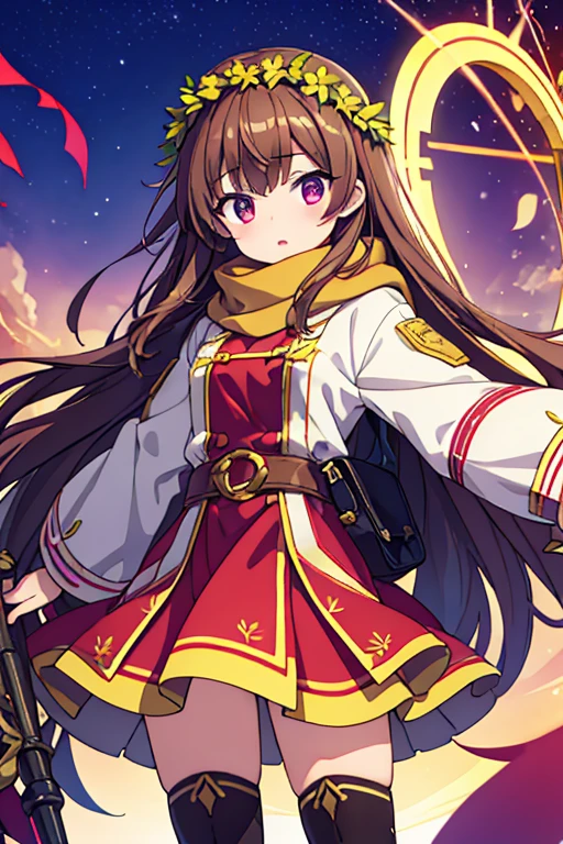 About 9 ~ 16 year old girl,red eyes,brown hair,white skin,wear a green coat,scarf,brown shorts,Wrapped with vines and golden flowers,With a crown,Purple shawl,brown boots,There is a blush,wreath,red trident,Two-dimensional style
