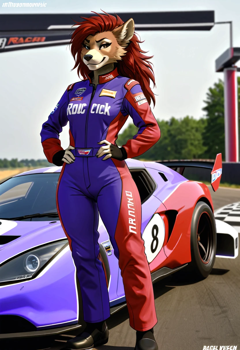 an anthropomorphic, female, hairy vixen, she has Rachel-style red hair, her eyes are blue and well detailed, her body is well defined and detailed, she is wearing a purple racing driver suit with the word Genix written on the suit, she is standing at the side of a red racing car
