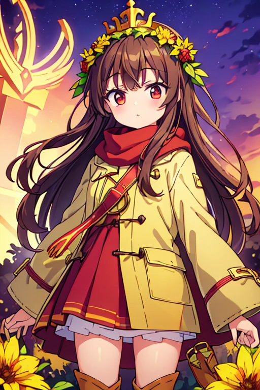About 9 ~ 16 year old girl，red eyes，brown hair，white skin，wear a green coat，yellow scarf，brown shorts，Wrapped with vines and golden flowers，With a crown，Purple shawl，brown boots，There is a blush，wreath，red trident，Two-dimensional style