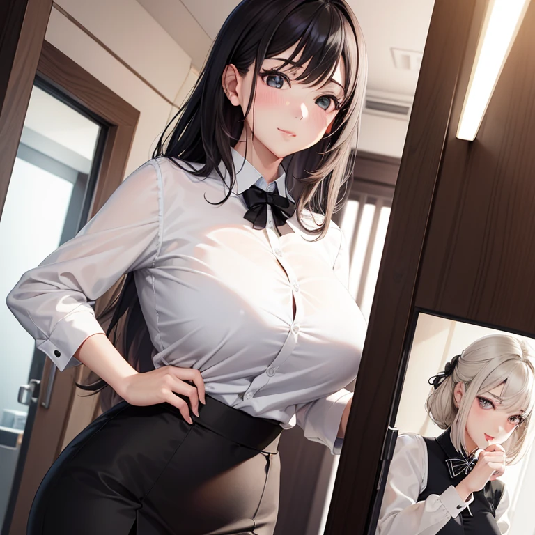 Highly detailed facial and skin texture, A detailed eye, 二重まぶた, seductiv,White color blouse,stewardess,cabelos preto e longos,Home,Black hip skirt,Big breasts don't leak, High-definition facial features,
