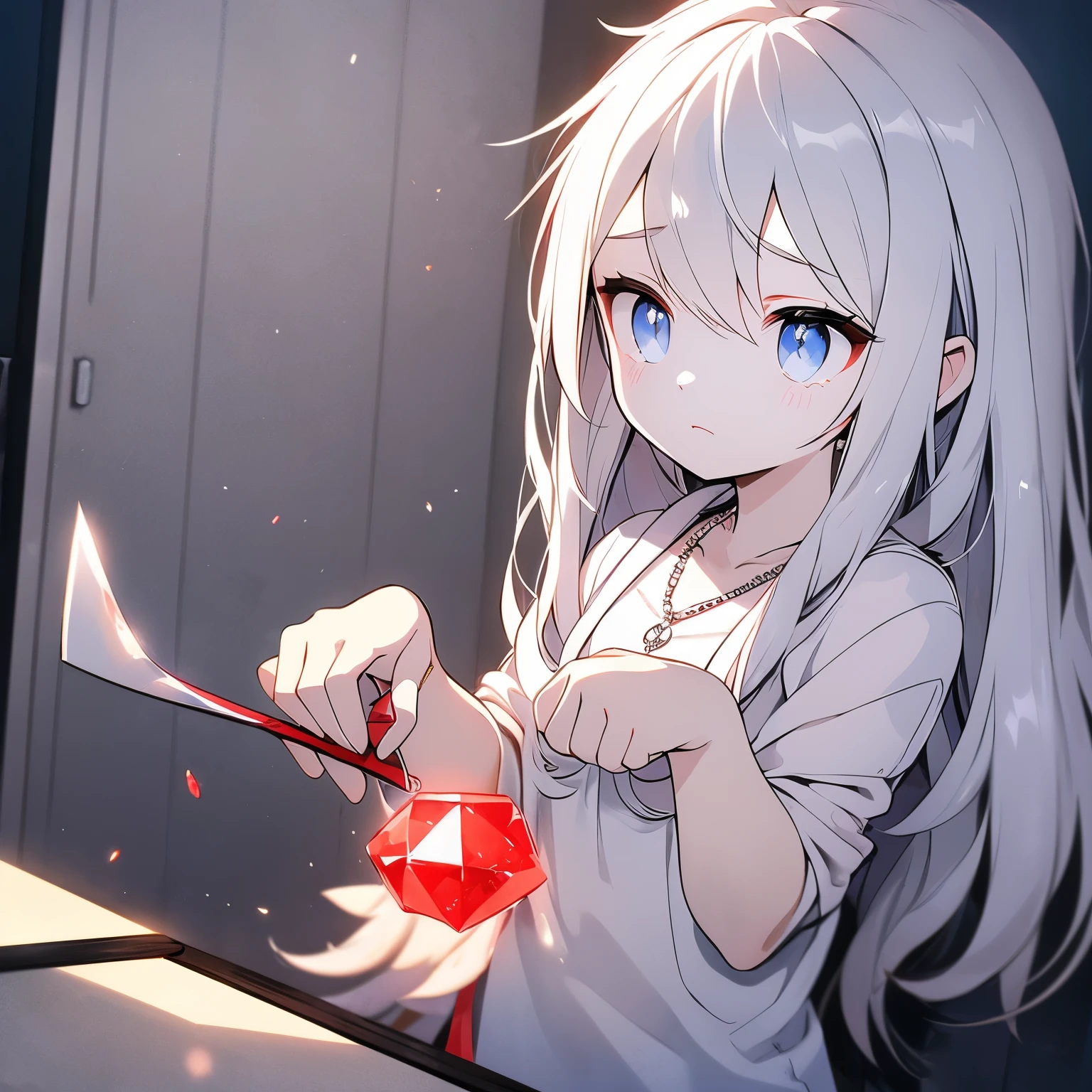 Hair gray and white,The calm expression contains a hint of loneliness and sadness,Eye color is ruby red,Wearing a necklace around her neck,The word "xi" is written in the gray gemstone of the necklace,The left hand holds a sapphire blue fake eyelid.,Playing with a knife in his right hand,The blade is all red