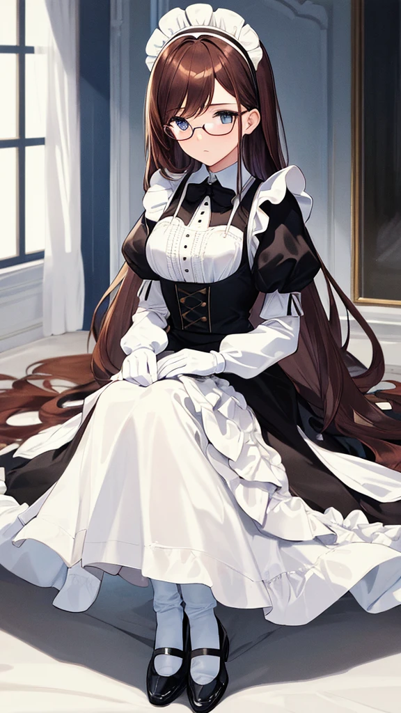 Masterpiece, Best Quality, extremly detailed, Cinematic lighting, intricate detials, hight resolution, official arts, finely detailed beautiful face and eyes, high-resolution illustration, 8K, dark intense shadows, 1girl, medium breast, long brown hair, copper hair tips, brown eyes, glasses, (swept bangs), maid uniform, dark blue dress, black shirt, puffy sleeves, long sleeves, white gloves, maid headdress, broken look, broken, blushing, tears, lying on the floor, cum, blood, cum and blood flowing out of pussy, bare breasts, pubic hair