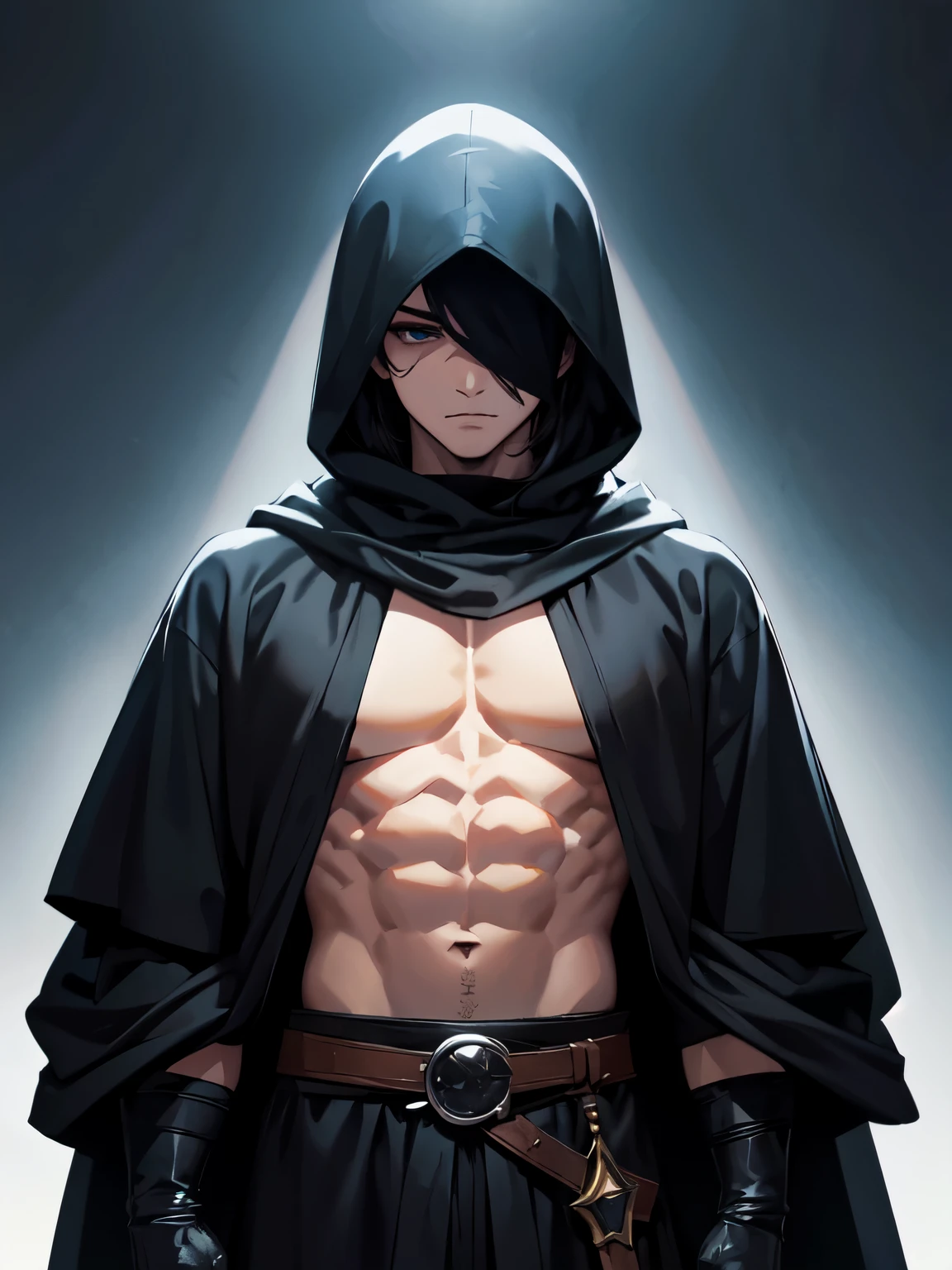 Primeira Classe、high resolution、alto contraste、 (better lighting, lindo)、um rapaz、macho、macho with a black hood over his eyes、The face is hidden、desconfiado、Less exposure、todo o corpo、They are standing、estilo anime, olhos azuis, hunter clothing.