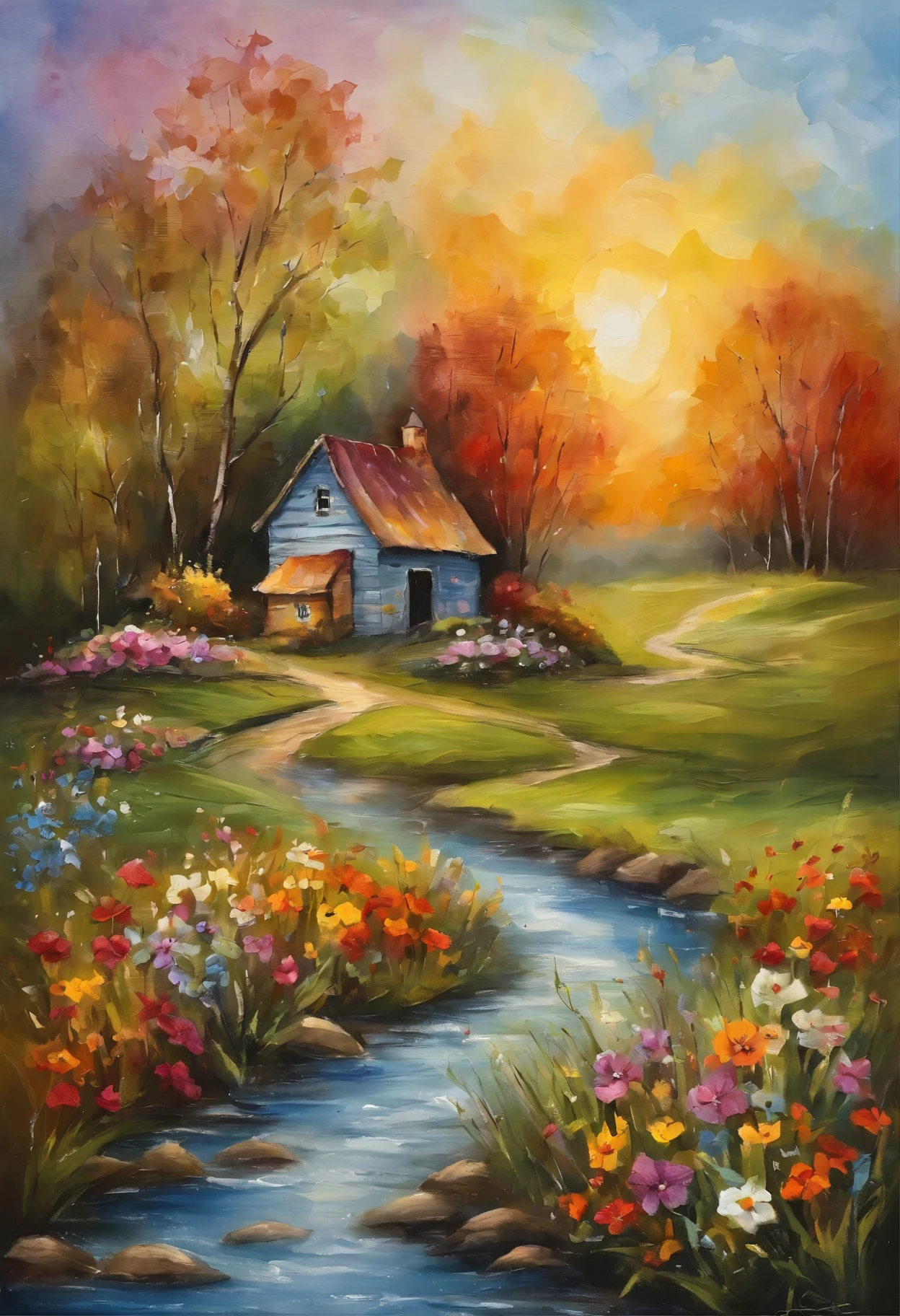 An oil painting, thick rised impasto, palette knife, different size brush strokes,swirl pattern,an old cabin by the country river, flowers are side of the fence along wth the "s" curve road ,spring time atmosphere with thick and colorful impasto sky and field of flowers