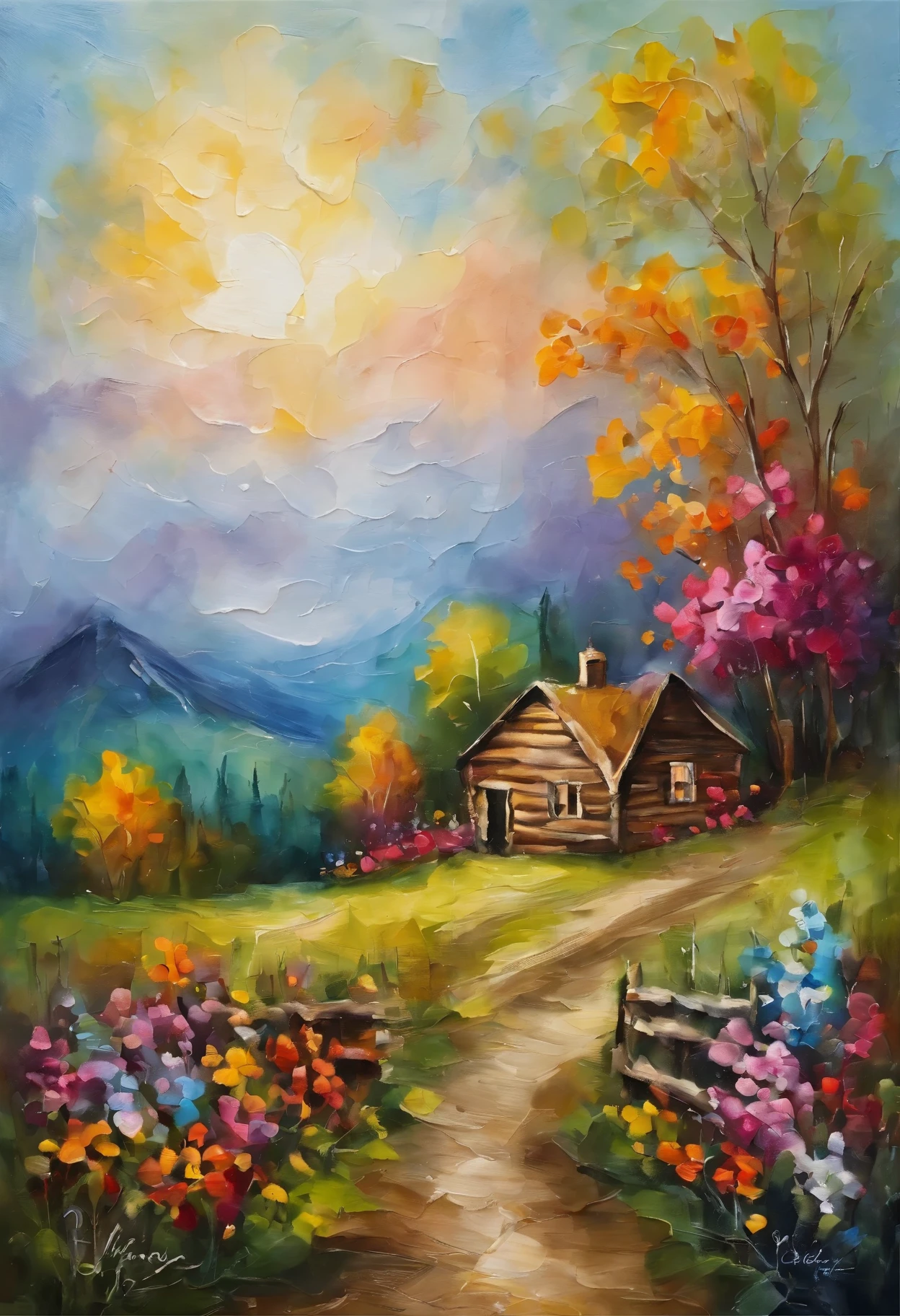 An oil painting, thick rised impasto, palette knife, different size brush strokes,swirl pattern,an old cabin by the country river, flowers are side of the fence along wth the "s" curve road ,spring time atmosphere with thick and colorful impasto sky and field of flowers